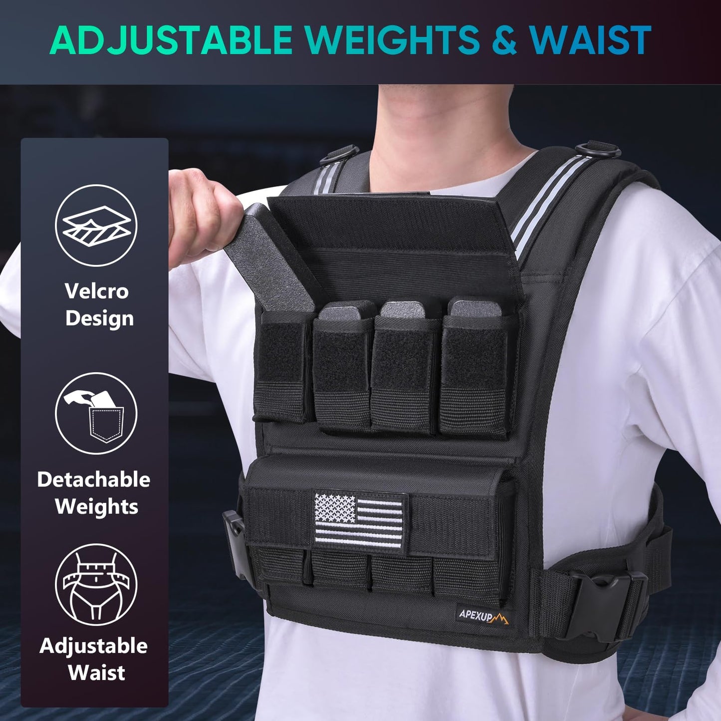 APEXUP Adjustable Weighted Vest Men 20lbs/30lbs/40lbs Weights with Reflective Stripe, Weight Vest Woman Workout Vest for Strength Training Running Walking (40 lbs, Black)