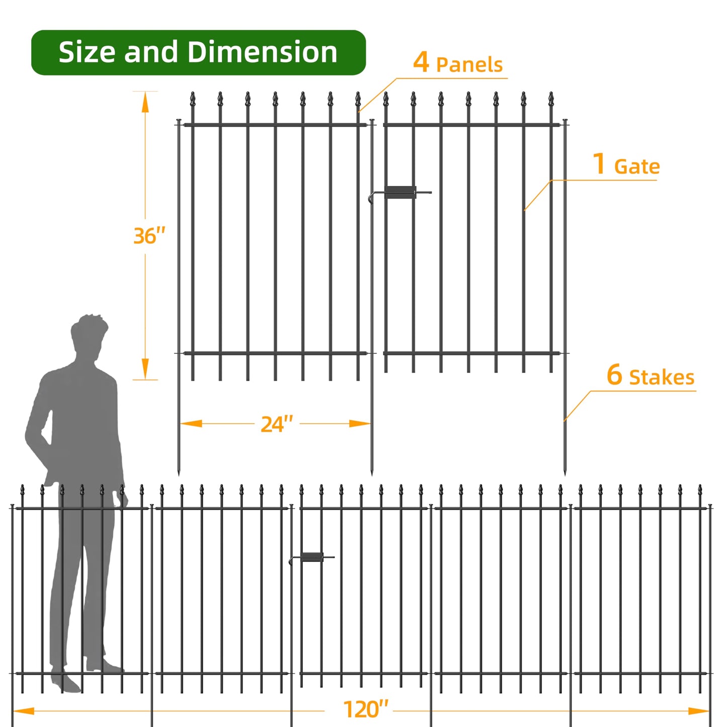 FOREHOGAR Metal Garden Fence with Gate 36 in H x 10 ft L, 1 Gate + 4 Panels Border Fence Panels Animal Barrier for Dogs, No Dig Garden Fencing for Yard Patio Flower Bed Lawn Outdoor, Black