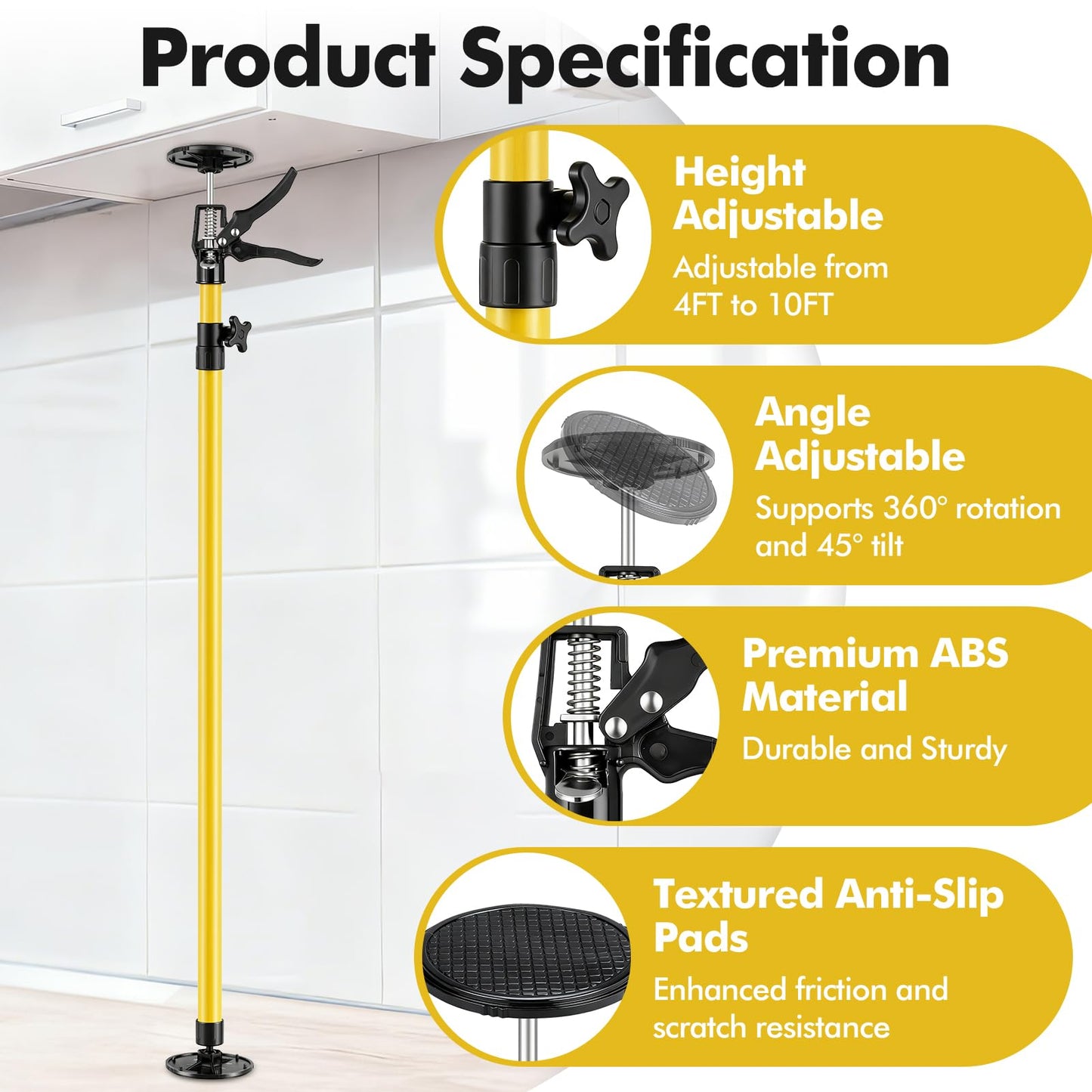4PK Dust Barrier Poles,10FT Dust Barrier Poles Kit,Adjustable Dust Containment Pole with 2 Heavy-Duty Zippers Spring Retractable Wall Poles for Renovation & Construction Renovation-Yellow