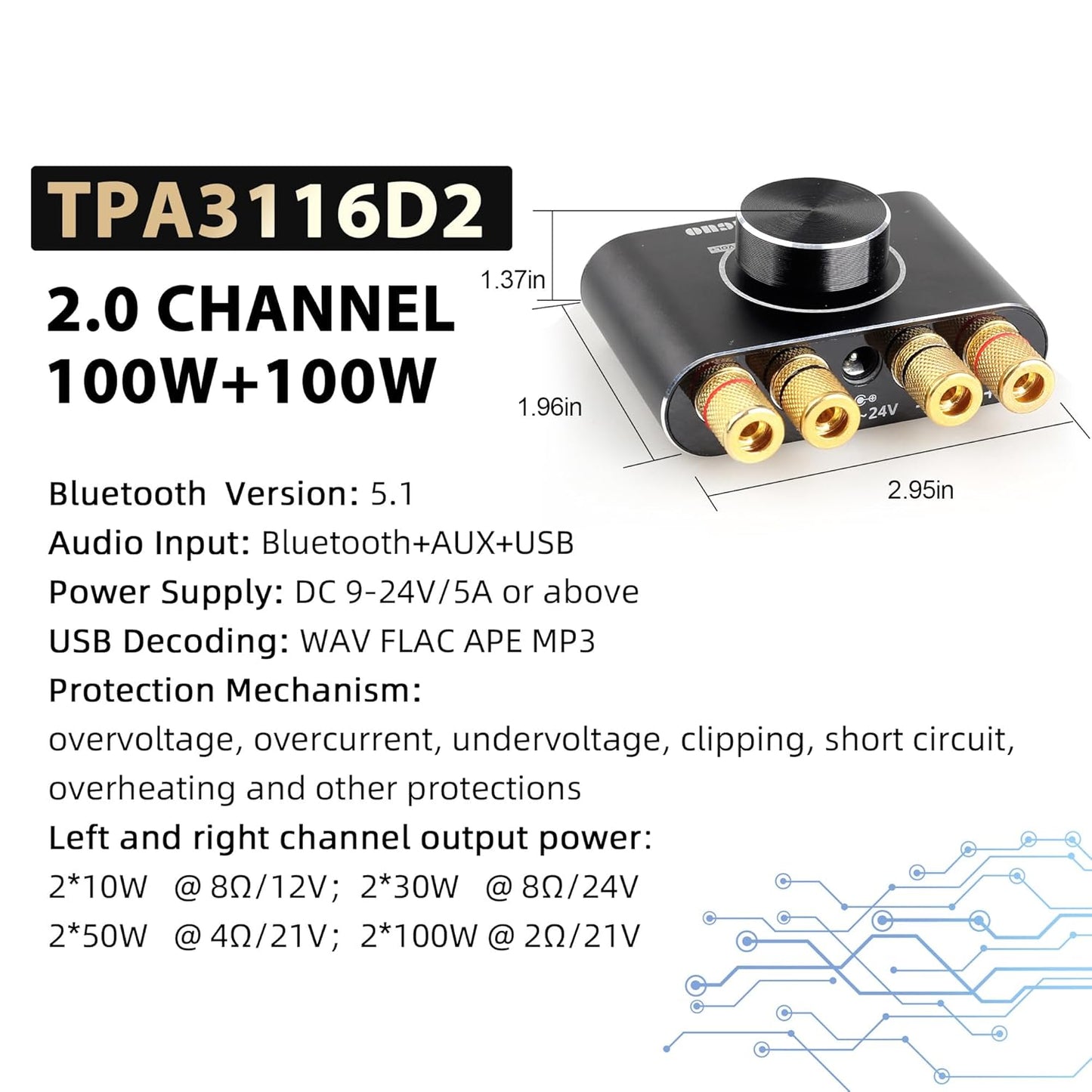 X100H 2.0 100W+100W TPA3116D2 Bluetooth5.1/USB/3.5mm Audio Amplifier Channel Power Amplifier,Supports AUX Input