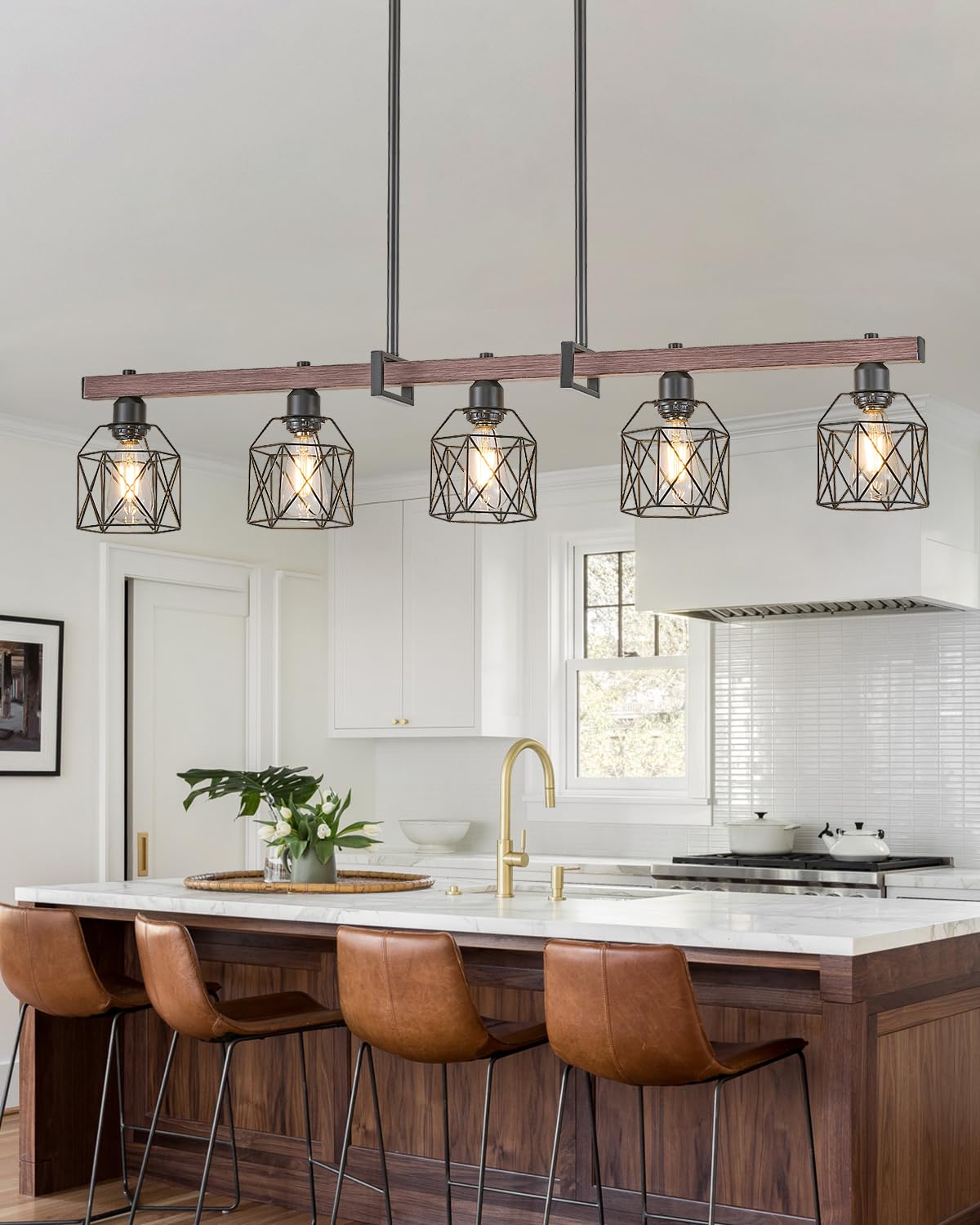 5-Light Industrial Kitchen Island Lighting with Wood Grain Bar and Black Metal Cage, Farmhouse Rustic Hanging Ceiling Lamp for Dining Room, Living Room