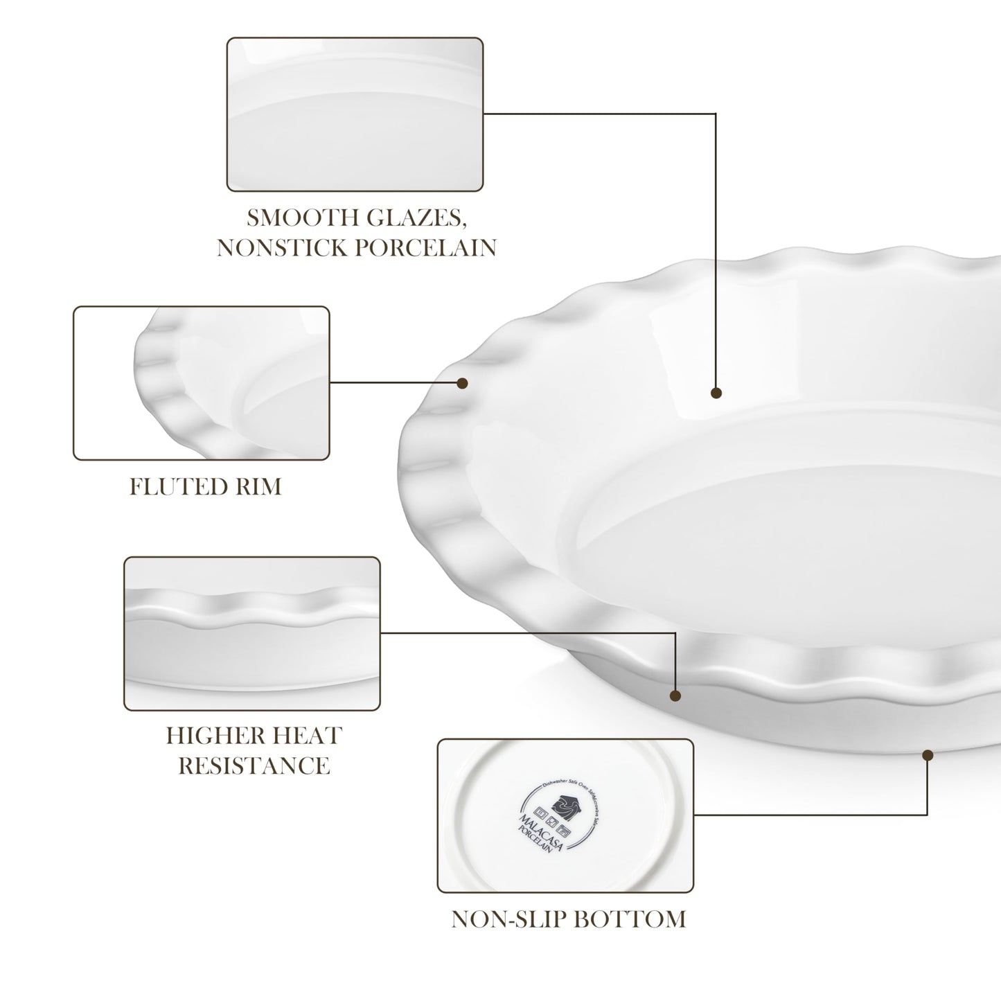 MALACASA Ceramic Pie Pan, Pie Pan for Baking 9 Inch, 40 OZ Pie Plate Round Pie Dish for Baking Fluted Pie Dish Baking Pan, Non Stick Deep Pie Dishes for Quiche, Apple Pies, Pot Pies, Tart, etc.