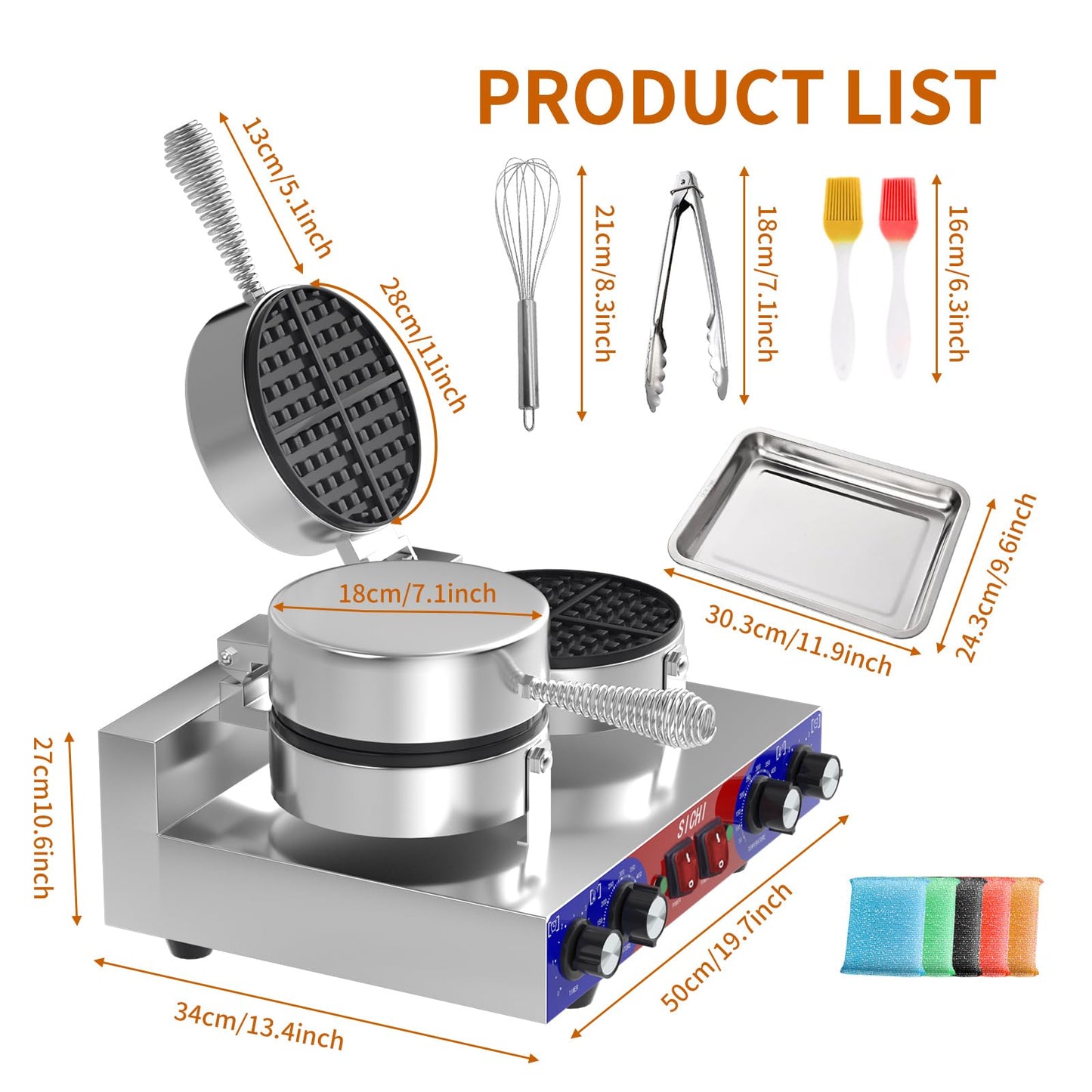 HTTSICHI Waffle Maker - Commercial Waffle Iron w/Two Non-stick 7 in Baking Pans, 550 ℉ Temperature and Timers, 2400W Dual Waffle Machine for Double Baking, Stainless Steel Waffle Maker for Restaurant
