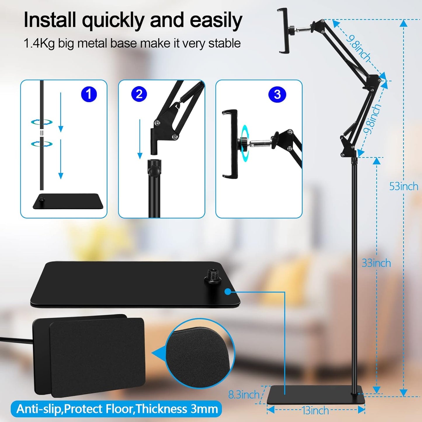 SAMHOUSING 360-degree 4.7~12.9 Inch-Screen Tablet Floor Stand, Adjustable Universal Rotatable Metal Tablet Holder