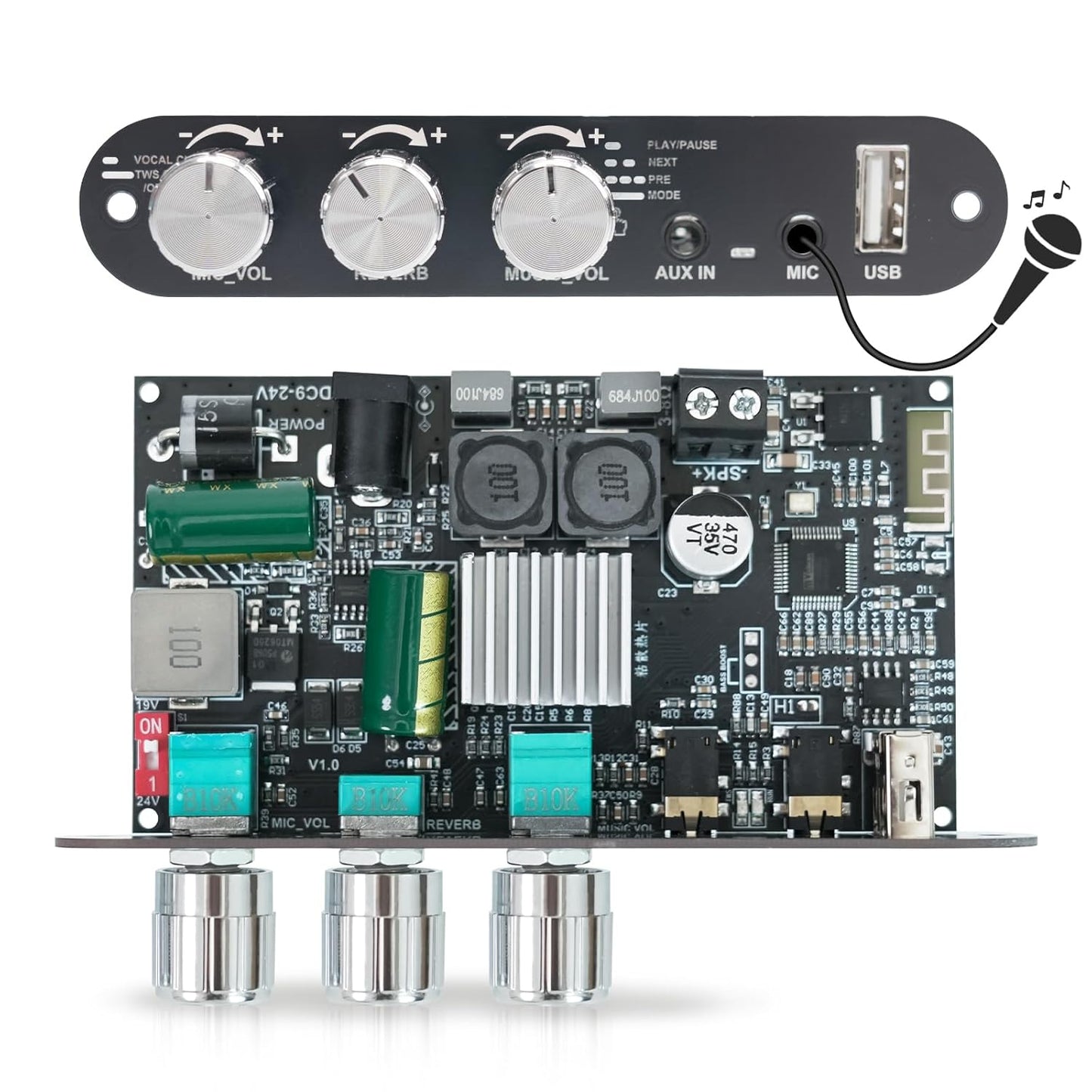 ZK-1001U 100W 9-24V PRO with Mic Input Blue-Tooth Mono Amplifier Board, Echo & EQ, TWS Pairing, USB/AUX, Adjustable Mic