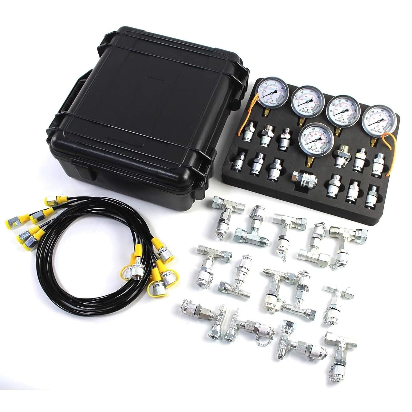 SINOCMP Hydraulic Pressure Test Kit with 5 Gauges 5 Test Hoses 13 Couplings 14 Tee Connectors, Hydraulic Tester Gauge Set 10/100/250/400/600Bar for Excavator Construction Machinery