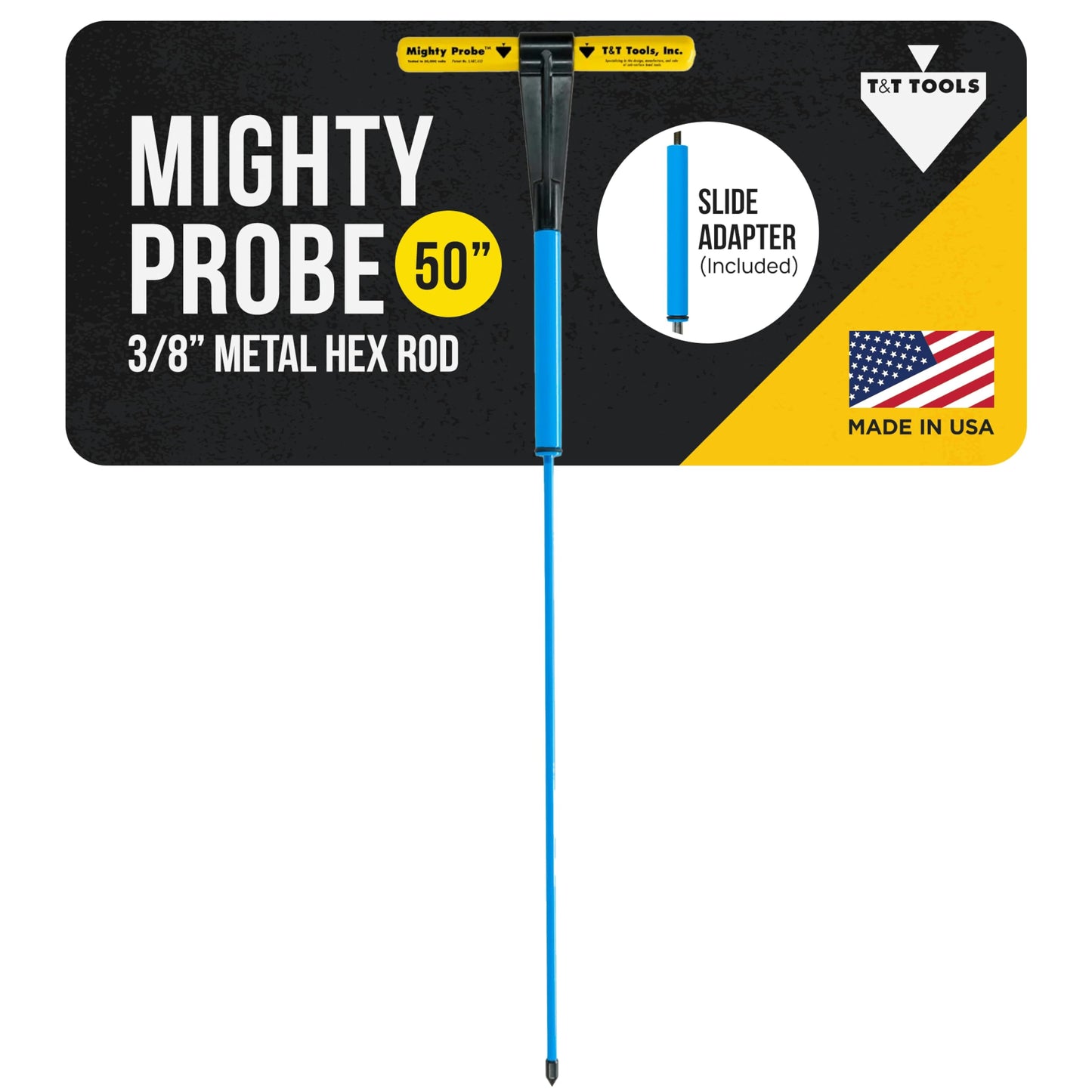 T&T Tools Mighty Probe With Slide Adapter - Mini Hammer Probe, Professional Soil Sampling Tool for Septic, Drainage, Landscaping and Utility Inspection, Durable 3/8 Metal Hex Rod, 50 Inch (127cm long)