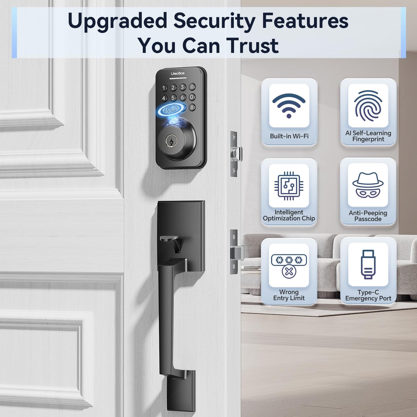 Ulecoce Fingerprint Keypad Deadbolt with Handle Set, Keyless Entry Door Lock, Door Locks for Front Door Lock Set, App Control, Auto Locking, Easy to Install, Matte Black