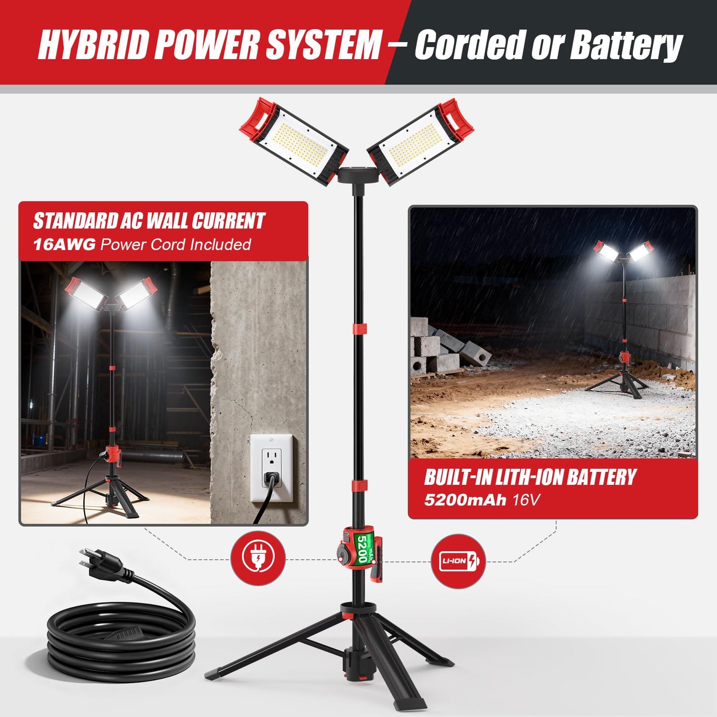 SYLSTAR Hybrid Powered LED Work Light with Tripod, 12000 Lumens Corded & Rechargeable Battery Work Light, 7.4ft Aluminum Telescopic Stand, 3 Brightness Levels, IP65, Dual Head, Portable Job Site Light
