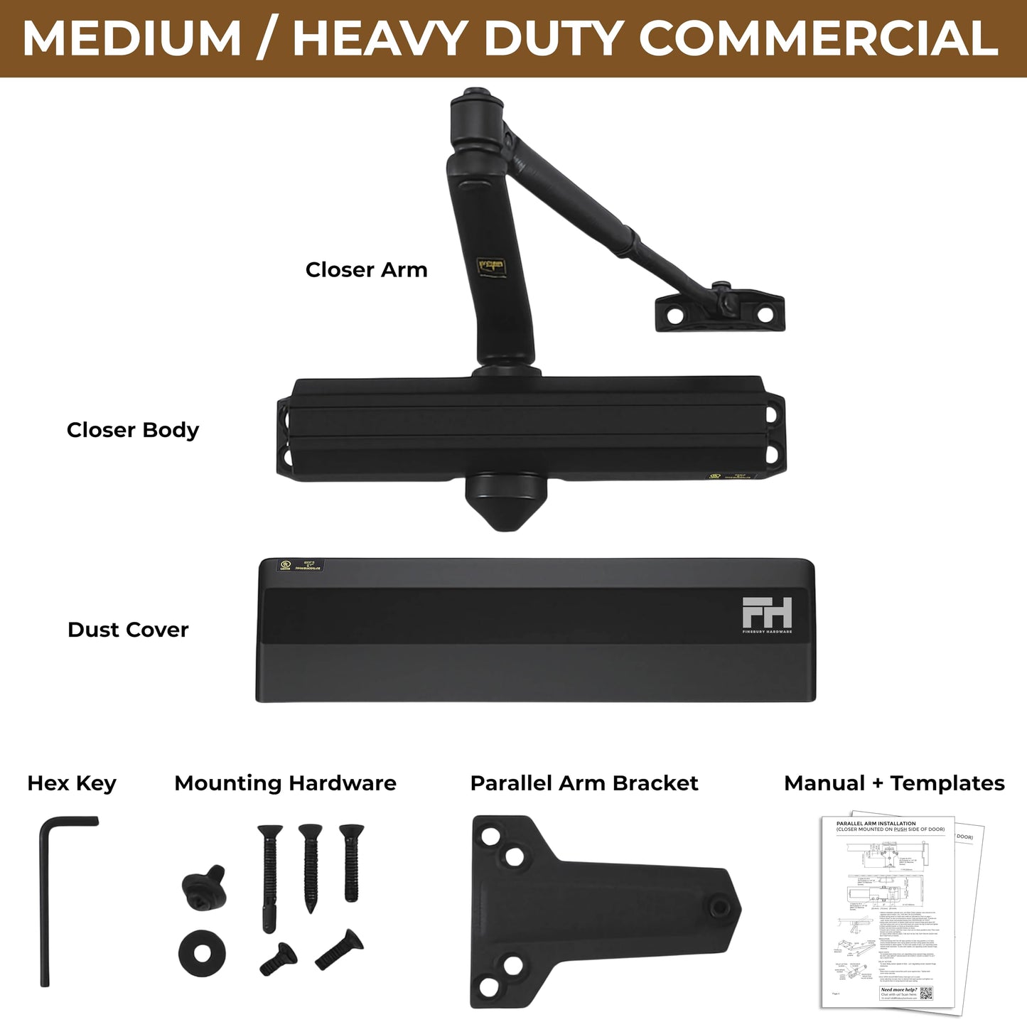 Finsbury Medium Heavy Duty Door Closer – Grade 1 Commercial, Adjustable Spring Size 1–6, ADA & UL 3-Hour Fire Rated, Hydraulic Auto Close, Surface Mount for Interior/Exterior Doors (Black)