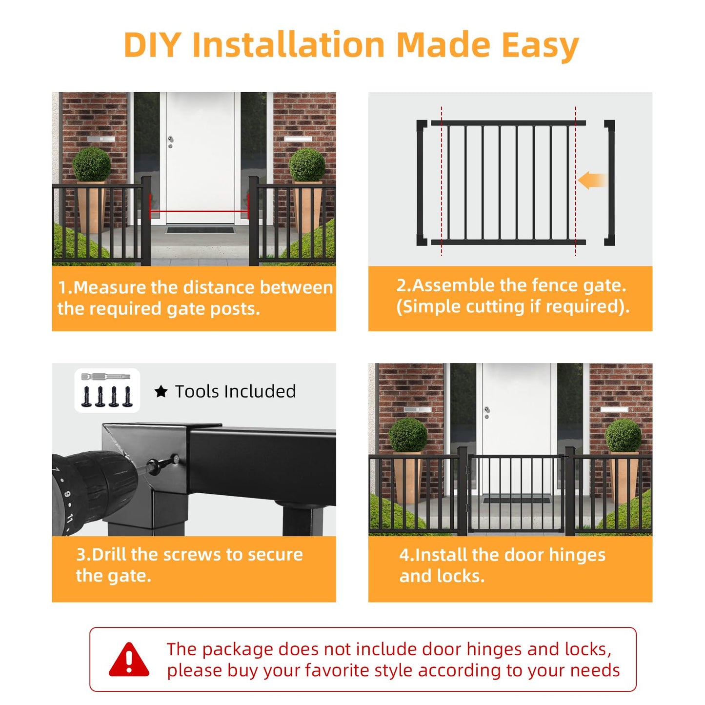 Deck Fence Gate Outdoor, 42‘'Hx48‘'W Deck Gate, Black Heavy Duty Steel Anti-Rust Door with Customizable Width, Metal Gate for Residential, Yard, Patio(No Hinge)