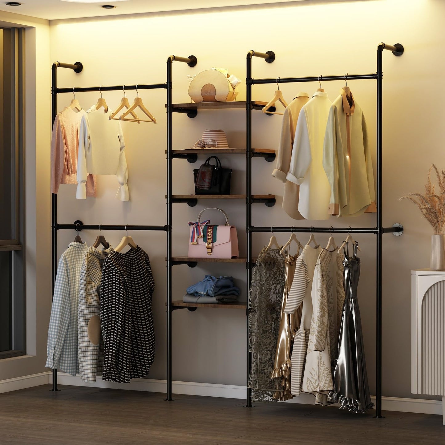 WTPLWD Industrial Pipe Clothing Racks with 5 Shelves, Wall Mounted Clothes Rack for Hanging Clothes, Black Wall Clothing Rack, Heavy Duty Clothes Rack for Walk in Closet, Laundry Room