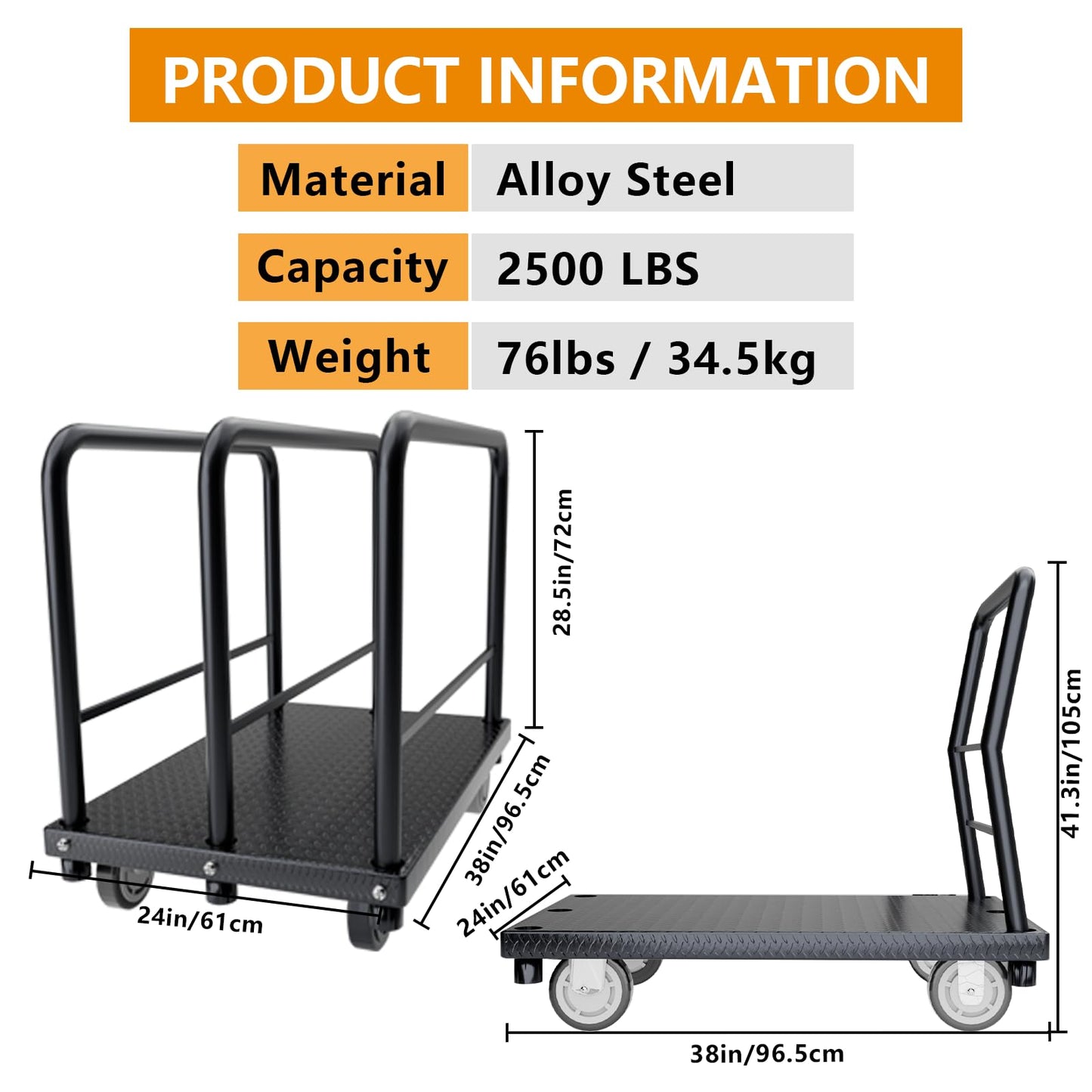 SGOLAN 2in1 Panel Cart, Drywall Cart Platform Trucks 2500 lbs Capacity Lumber Cart Flatbed Cart 38" x 24" Heavy Duty Push Cart with 1Front and 3 Side Handrails& Swivel Casters