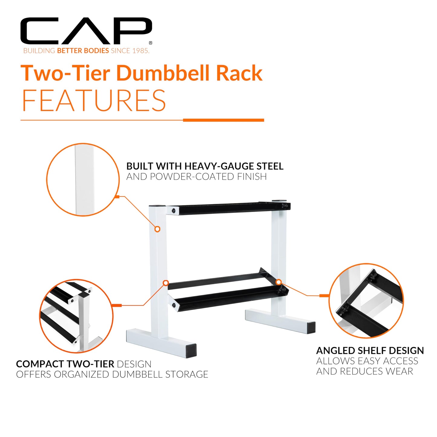 CAP White 24-Inch Dumbbell Storage Rack for Home Gym, 2-Tier Heavy-Duty Steel Weight Rack for Hex Dumbbells, Holds 5lb - 25lb Pairs