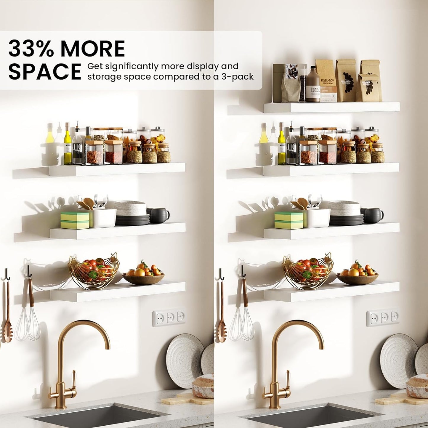 BAYKA Floating Shelves - Rustic Wall-Mounted Wood Shelves | 15.7in, Set of 4, 22lbs Capacity (White)