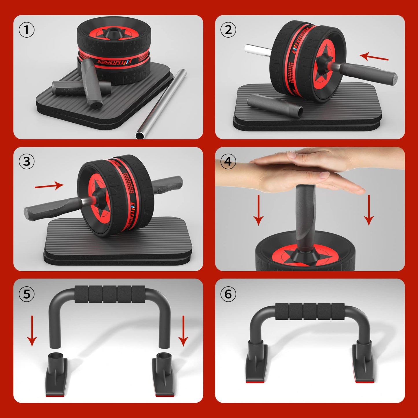 EnterSports AB Wheel Roller, 6-in-1 Exercise Roller Wheel Kit with Knee Pad, Resistance Bands, Pad Push Up Bars Handles Grips, Perfect Home Gym Equipment for Men Women Abdominal Roller (Red)