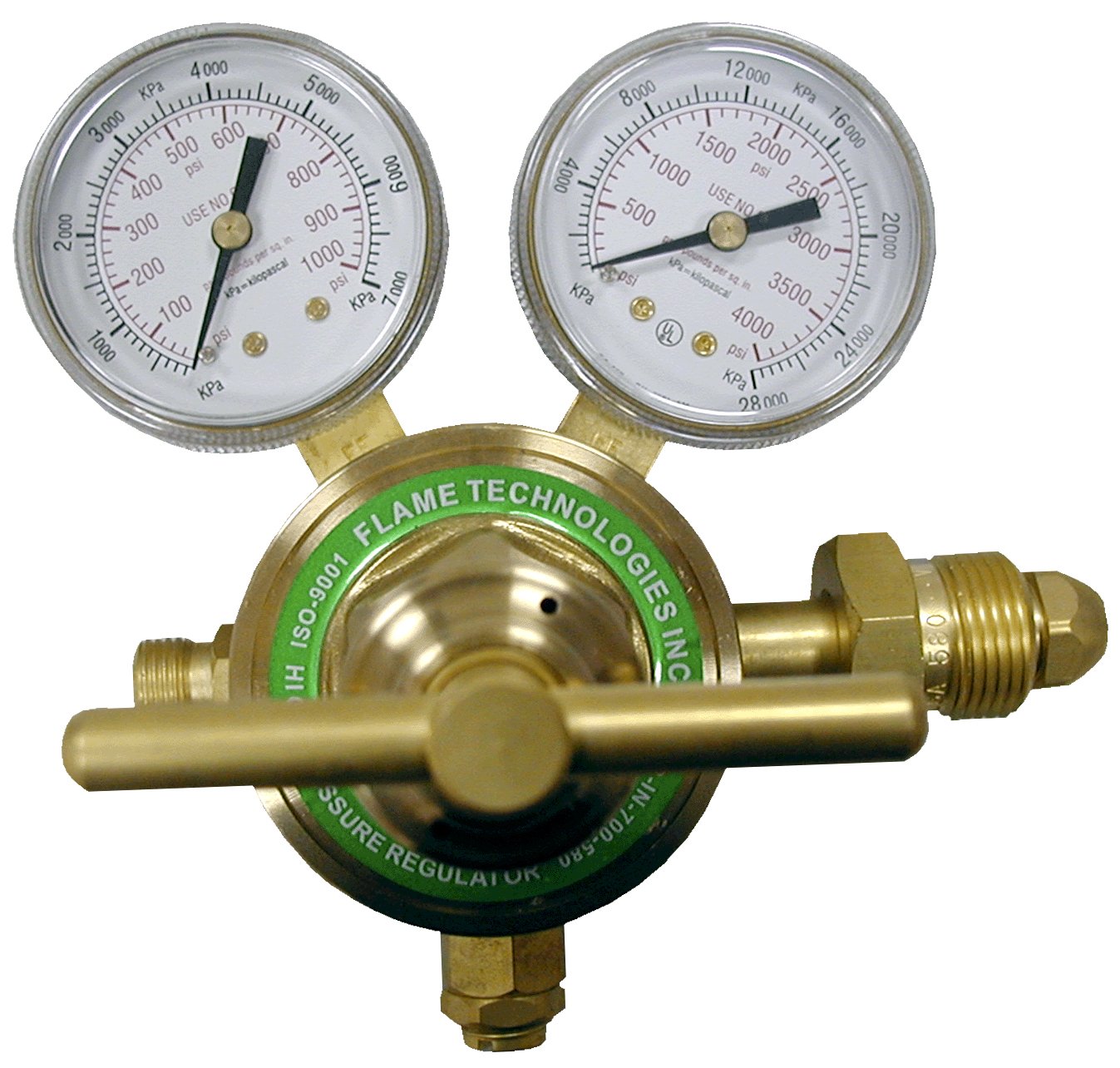 Flame Tech High-Pressure Piston Regulator for Inert Gases, Regulator for Nitrogen and Argon Gas, Forged Brass Body and Bonnet, Easy to Read Dual Scale, Precise Stabilized Control