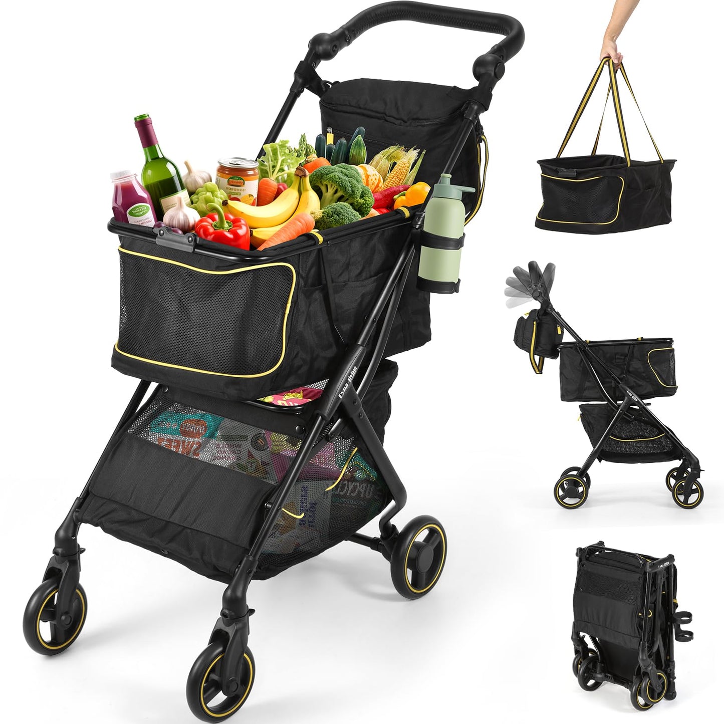 Dyna-Living Shopping Cart for Groceries Adjustable Handle Folding Shopping Carts on Wheels, 70 LBS Grocery Cart Personal Shopping Cart Foldable, Lightweight Aluminum Frame & 600D Oxford Fabric