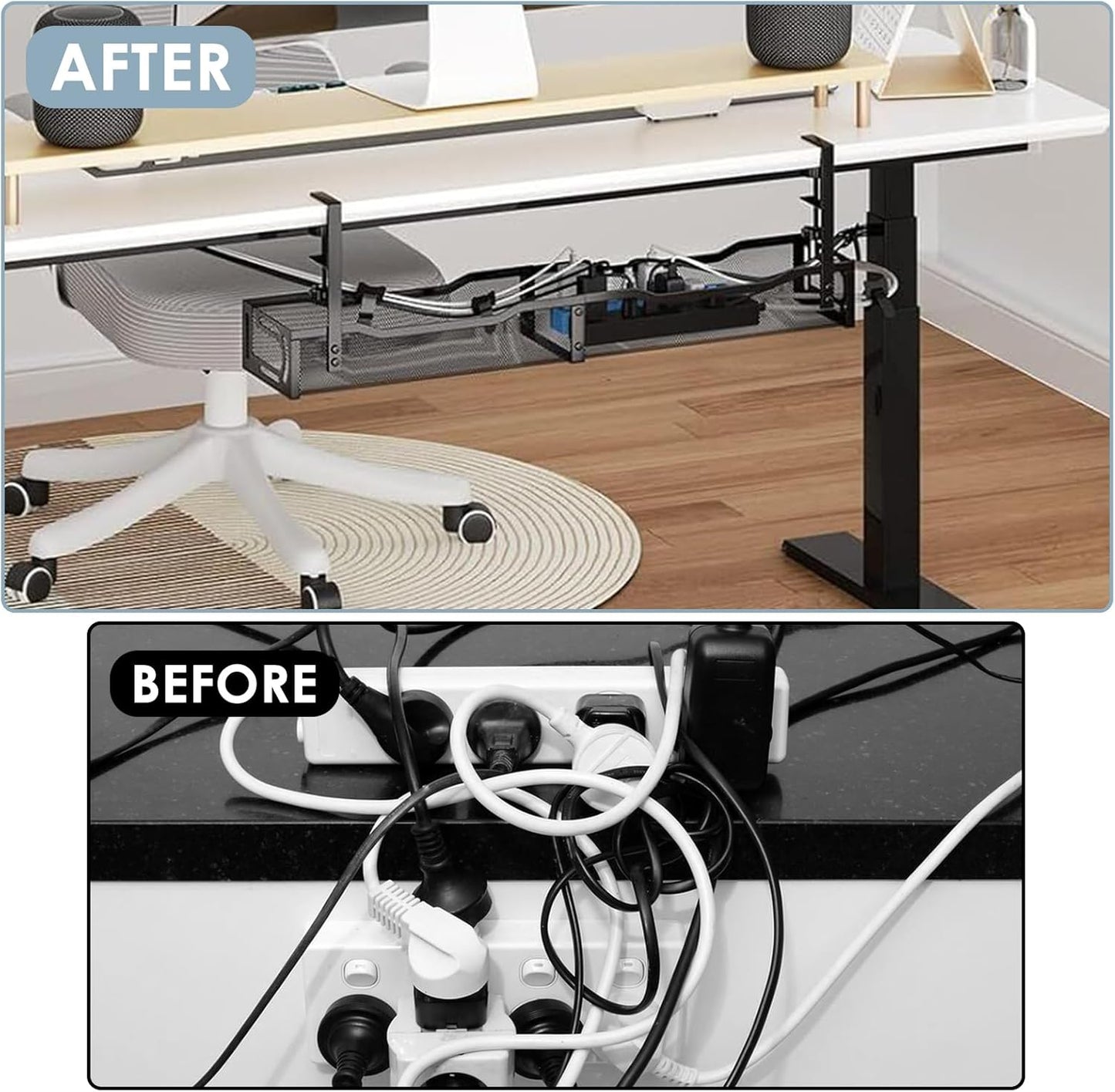 Mzmaxy 25'' Cable Management, Cable Management Under Desk No Drill, Metal Cord Organizer with Clamp for Standing Desk