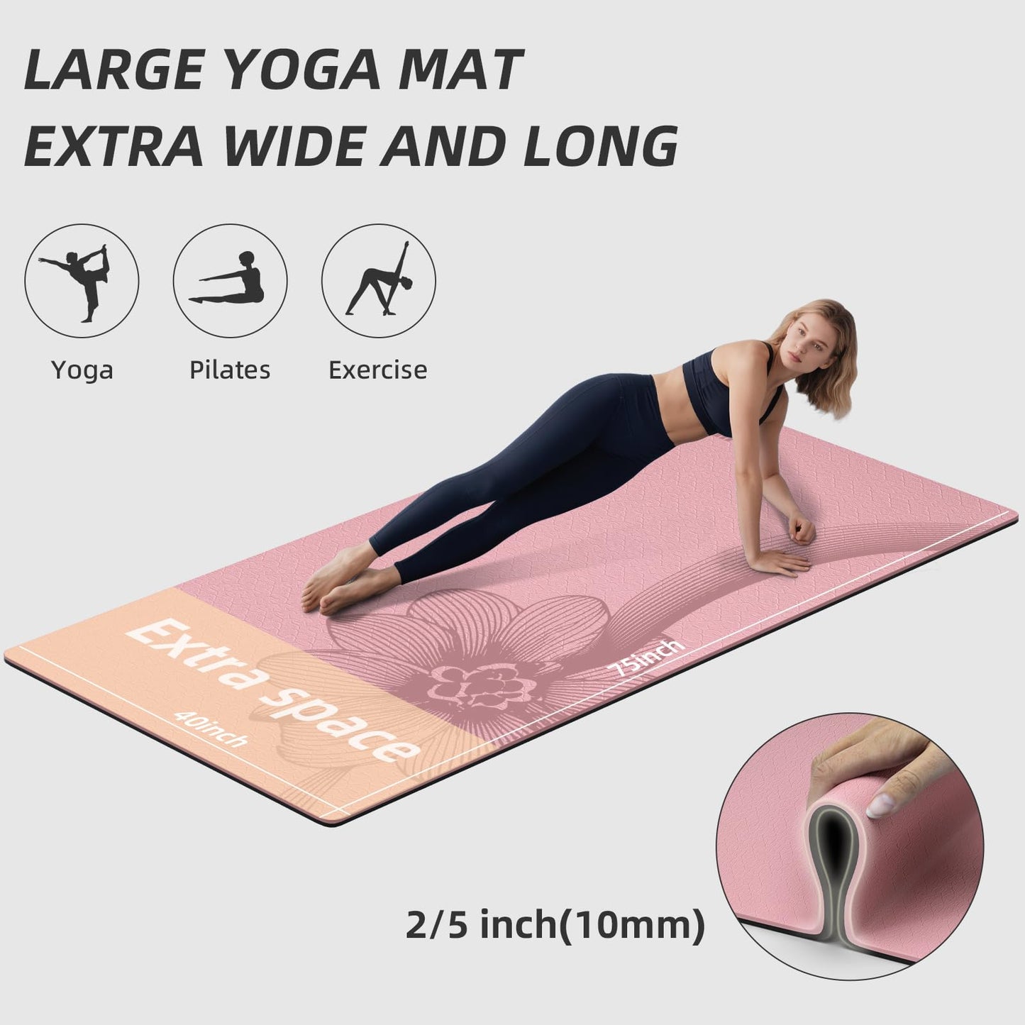 WUWAN Large Yoga Mat 75"x 40"x10mm (2/5 inch) – Extra Thick & Wide, TPE Fitness Mat, Printed Non-Slip Exercise Mat with Carrying Strap for Men & Women, Pilates, Stretching, Fitness & Workout (pink/black)