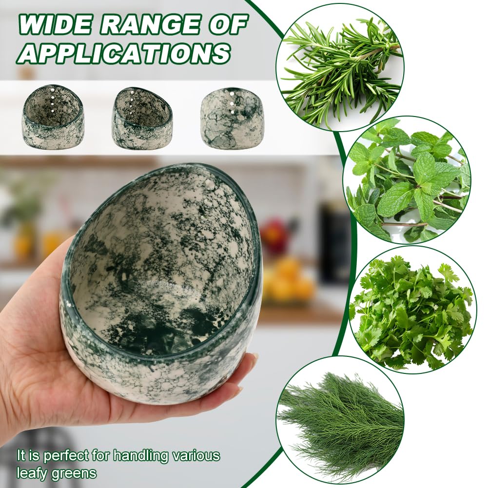 Herb Stripper Bowl, Handmade Ceramic Herb Stripper, Pottery Kitchen Efficient Leaf Removal Tool Available in Different Hole Sizes for Peeling the Stemmed Leaves(Color:Green)