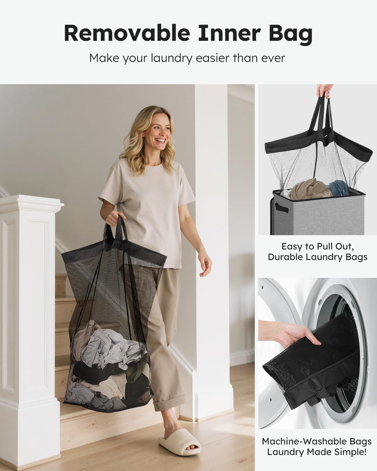 SOLEDI Laundry Hamper - 100L Collapsible Clothes Basket with Lid & Removable Bag | Grey
