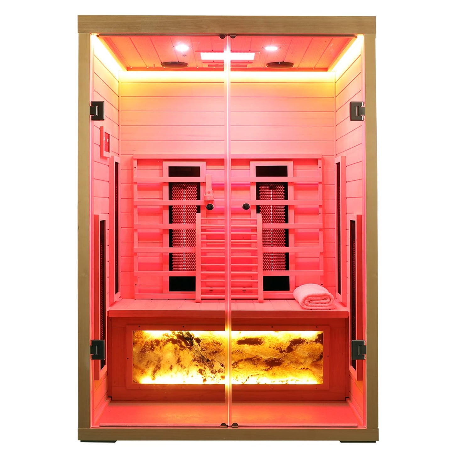 KUNSANA Ceramic Infrared Saunas 2 Person, Infrared Sauna with Red Light Therapy, Far & Near Infrared Sauna Indoor, Low EMF Infrared Sauna for Home, Deluxe Glass Home Sauna with Granite Backdrop