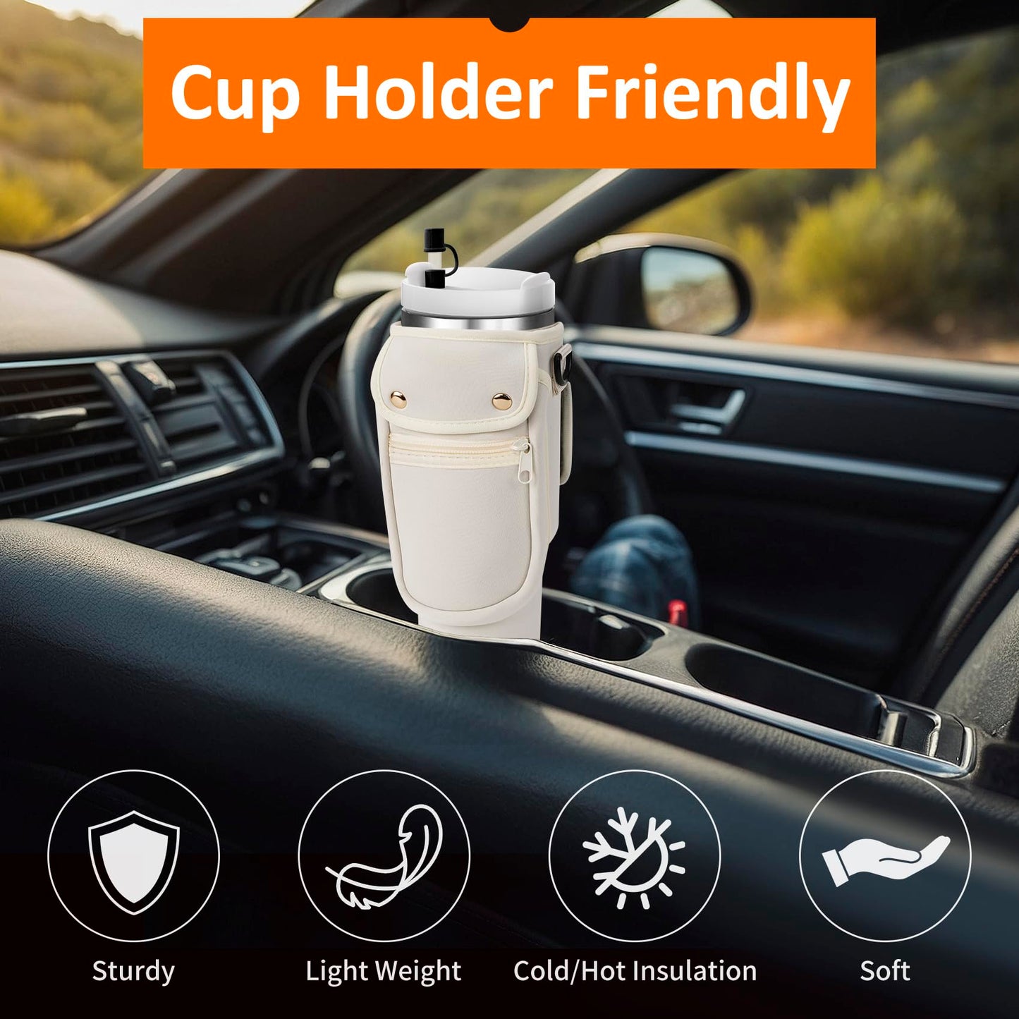 AceTreker Water Bottle Sleeve Bag for Stanley 30 40oz Tumbler with Strap, Reusable Thermos Cup Holder with 2 Pocket & Paracord Handle & Straw Cover for Hiking Travelling Car Gym-Cream