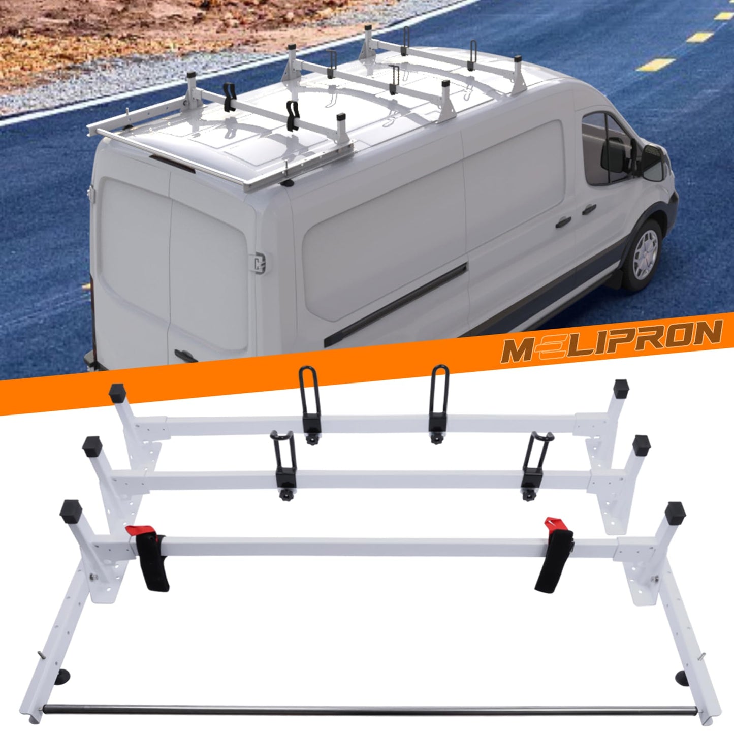 MELIPRON Van Ladder Rack Fit for 2015-2026 Ford Transit 150 250 350, Heavy Duty Steel Cargo Van Roof Rack with Rear Roller, No Drilling, 800LB Capacity for Contractors