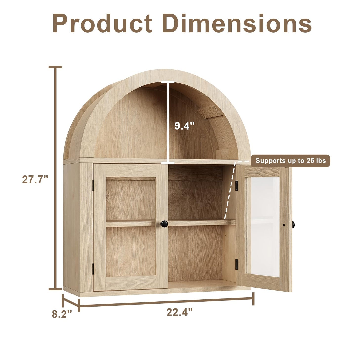 ChooChoo Arched Wall Cabinet with Acrylic Doors, Bathroom Cabinet Wall Mount Over The Toilet with Display Shelf, Wooden Storage Cabinet for Kitchen, Living Room or Entryway, Natural