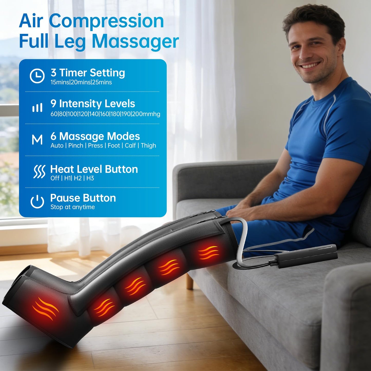 Ceyodo Air Leg Compression Massager Pro with Heat for Circulation and Pain Relief, Leg Recovery Compression System for Fast Recovery of Foot, Calf and Thigh, Relieve Edema, Reduce Muscle Fatigue