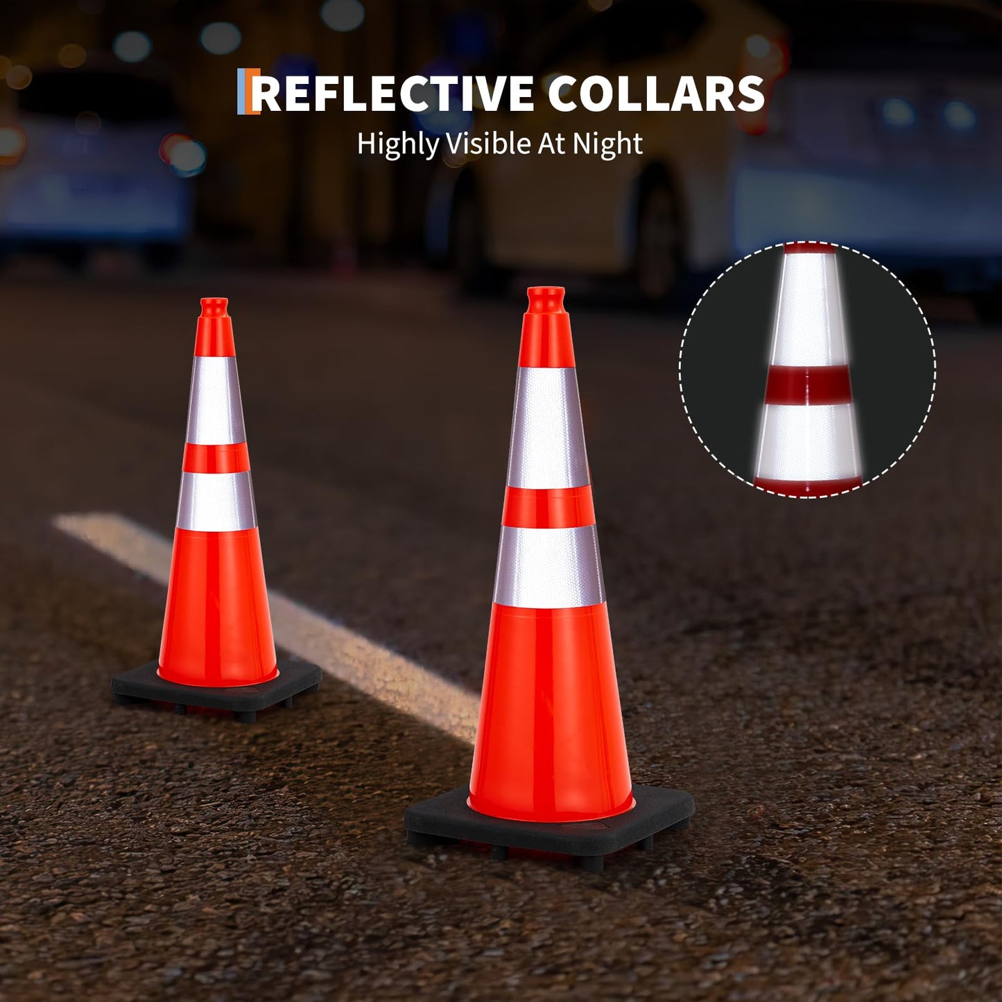 10 Pack 28 Inch Traffic Safety Cones - Parking Cones with Heavy Black Base and Reflective Collars, Orange Safety Cones for Parking Lot, Construction Work, Road Safety Control