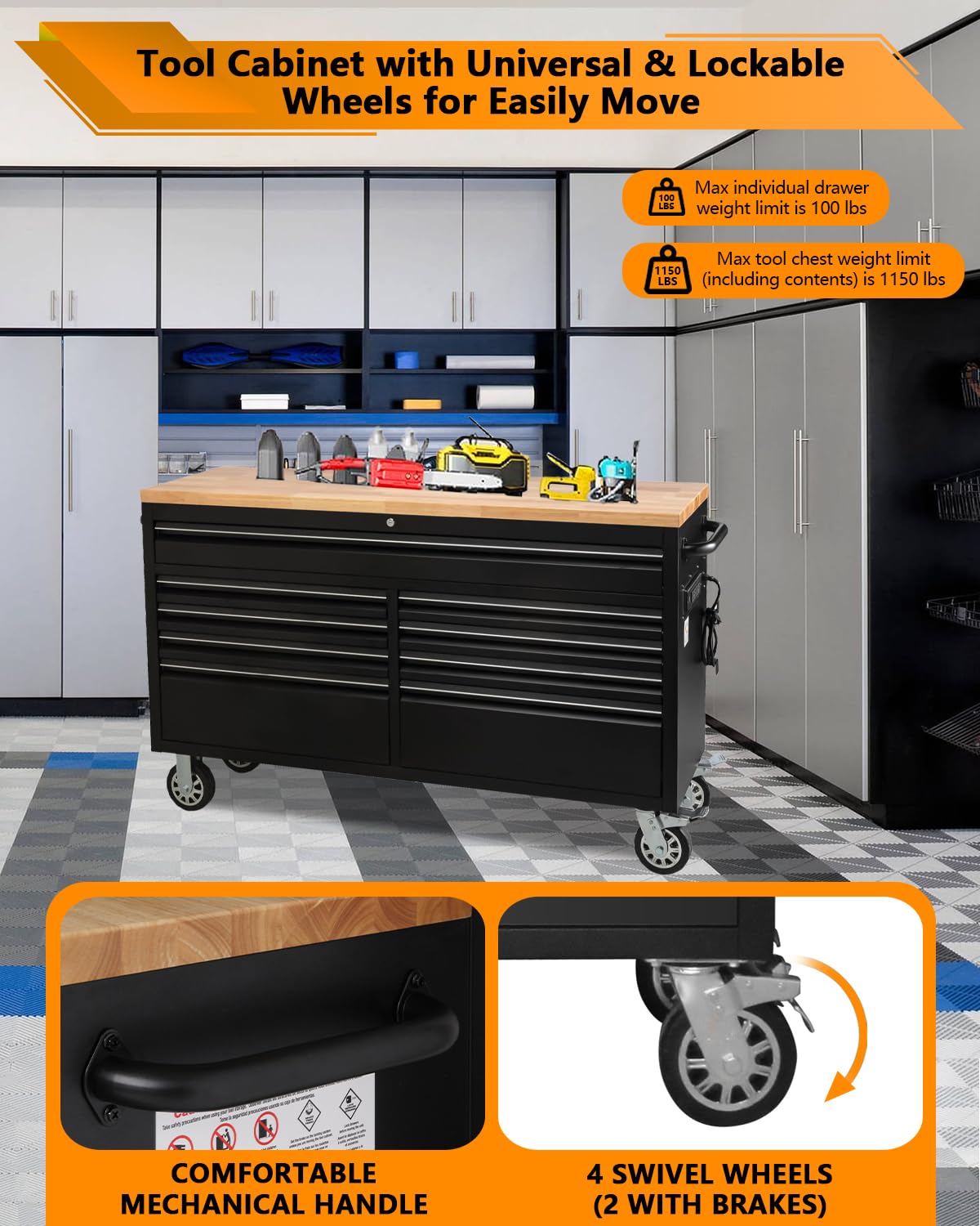 61-Inch Heavy-Duty Rolling Tool Chest & Mobile Workbench with 9 Drawers, Rubber Wood Top, Locking System, Wheels for Garage, Workshop, Warehouse Storage, Tool Cabinet