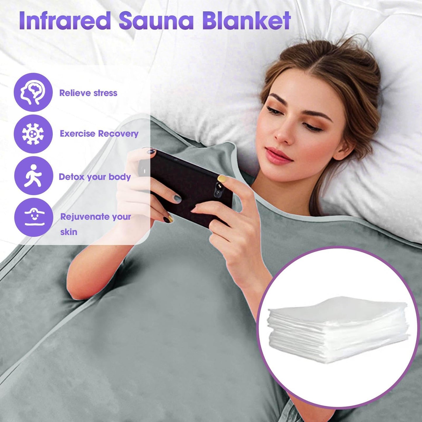 PINJAZE Natural Jade and Tourmaline Heat Sauna Blanket Infrared Zipper Oxford Cloth Upgraded Version Professional Detox & Heat Therapy Blanket with Remote (US 110V,71×32 Inches)