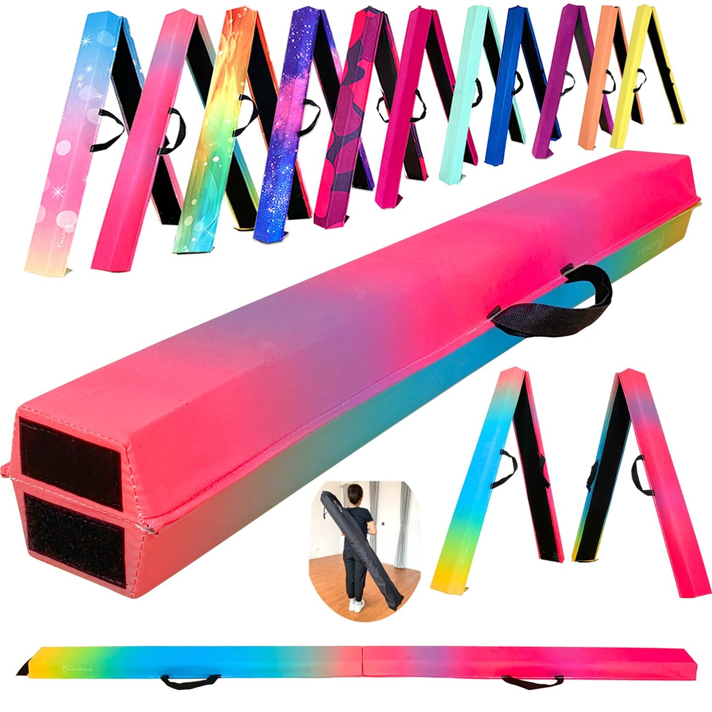 MARFULA 6 FT / 8 FT / 9 FT Folding Gymnastics Beam Foam Balance Floor Beam - Extra Firm - Suede Cover - Anti Slip Bottom with Carry Bag for Kids/Adults Home Use