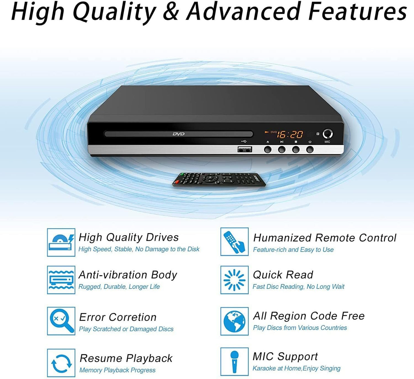 X W EI UNION 128G Home DVD Player TV CD Player Compact DVD Player Supports NTSC/PAL System with RCA Stable Outputs/USB