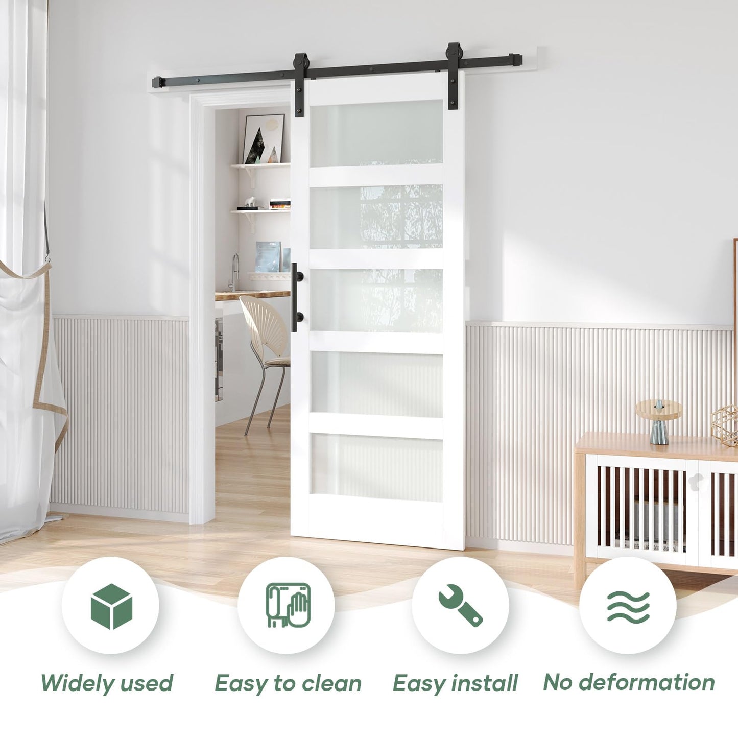 Fredbeck 32x80 White Glass Barn Door with 5.5FT 66inch Sliding Doors Hardware Kit Included & Handle,PVC Surface,Water-Proof,Easy to Assembly