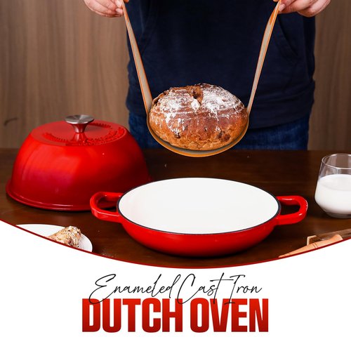 6 QT Enameled Cast Iron Dutch Oven - Sourdough for Bread Baking & Casseroles and more - 10 inch base, includes 5 Blade Bread Lame & Non-Stick Silicone Sling - Oven Safe to 500°F Bread Loaf Pan with Lid - Sourdough Bread Oven - Cast Iron Enamel Bread Loaf