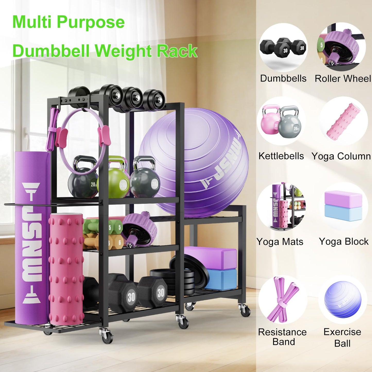 6-Tier Multi-Functional Home Gym Storage Rack with Wheels and Hooks, Adjustable Weight Rack for Dumbbells Kettlebells Yoga Mat and Balls, Space Saving Workout Equipment Storage Organizer