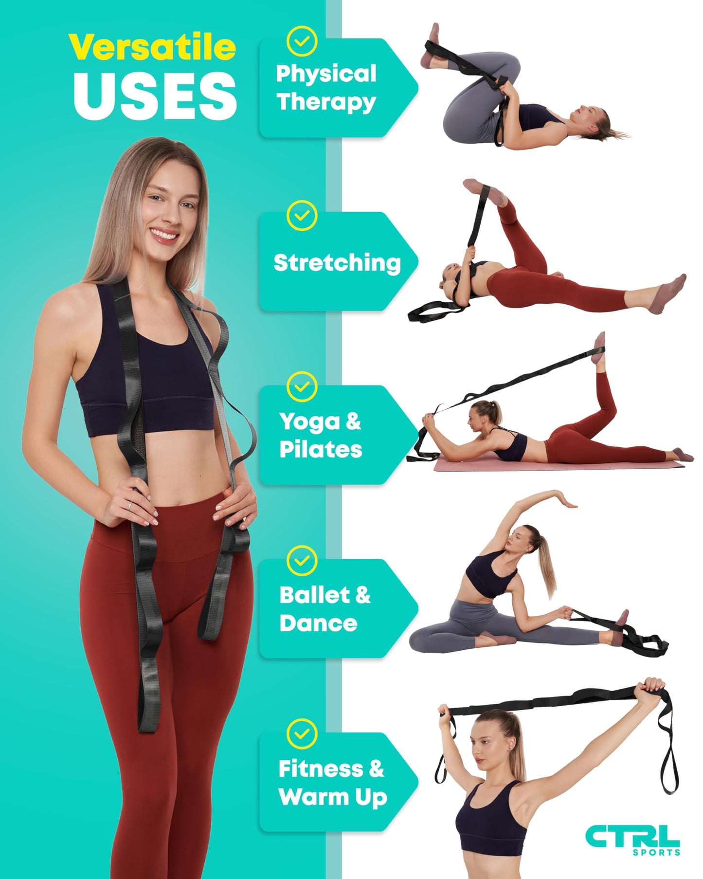 Ctrl Sports Stretching Strap Non Elastic Yoga Strap with Loops - Stretching Band for Physical Therapy, Stretch Bands for Exercise and Flexibility - Stretch Strap with 10 Loops, Hamstring & Leg Stretcher Strap
