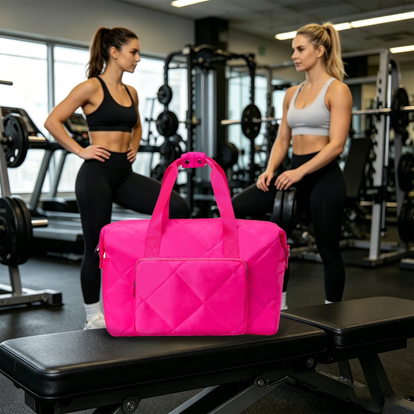 Hot Pink Gym Bag for Women, 18 Inch Lightweight Puffy Carry On Duffel Bag for Travel Sports Yoga, Water Resistant