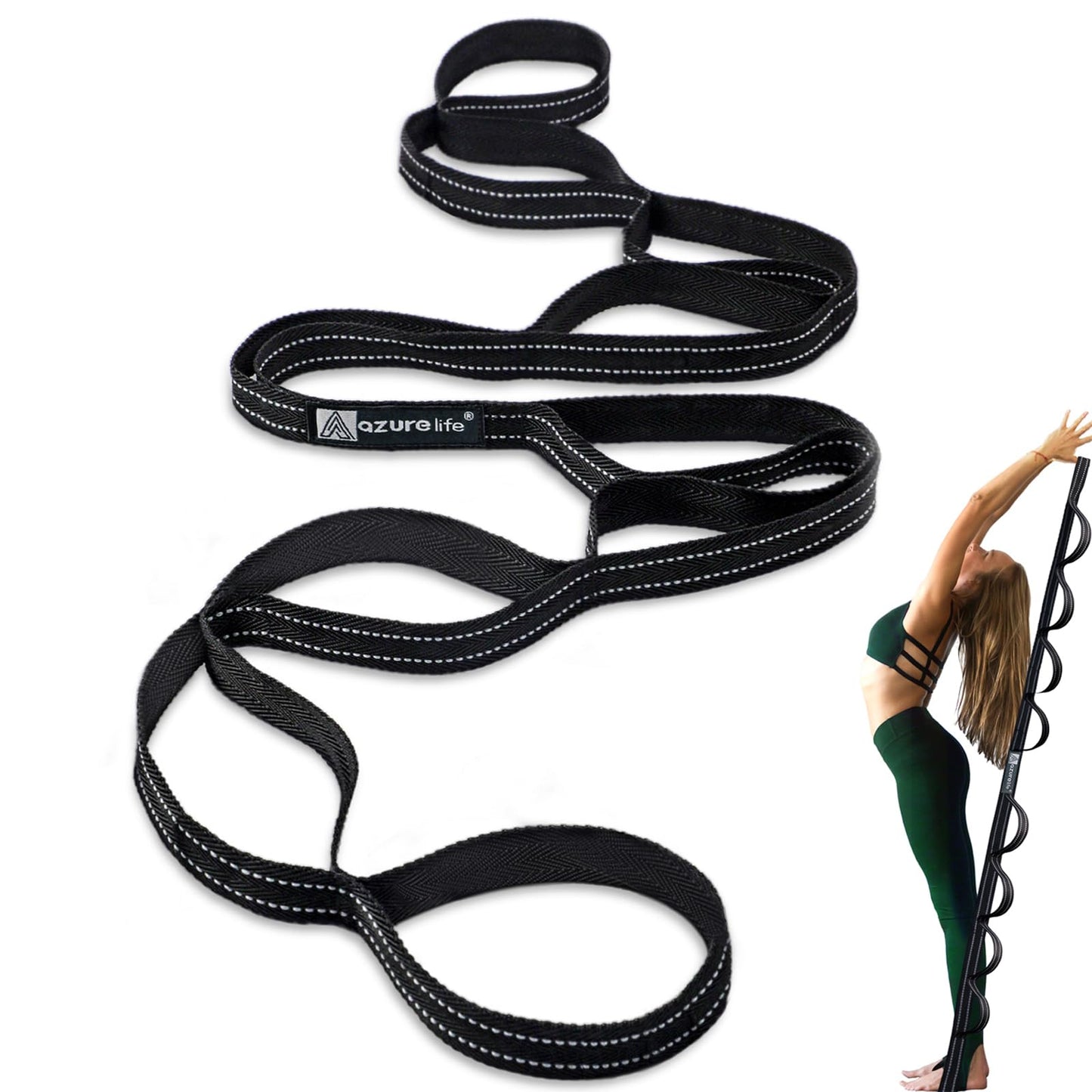 A AZURELIFE Premium Durable Stretch Straps with Loops, Stretching Strap for Physical Therapy, Multi-Loop Yoga Strap Fitness Exercise Strap for Yoga, Pilates, Dance, Flexibility&Exercise