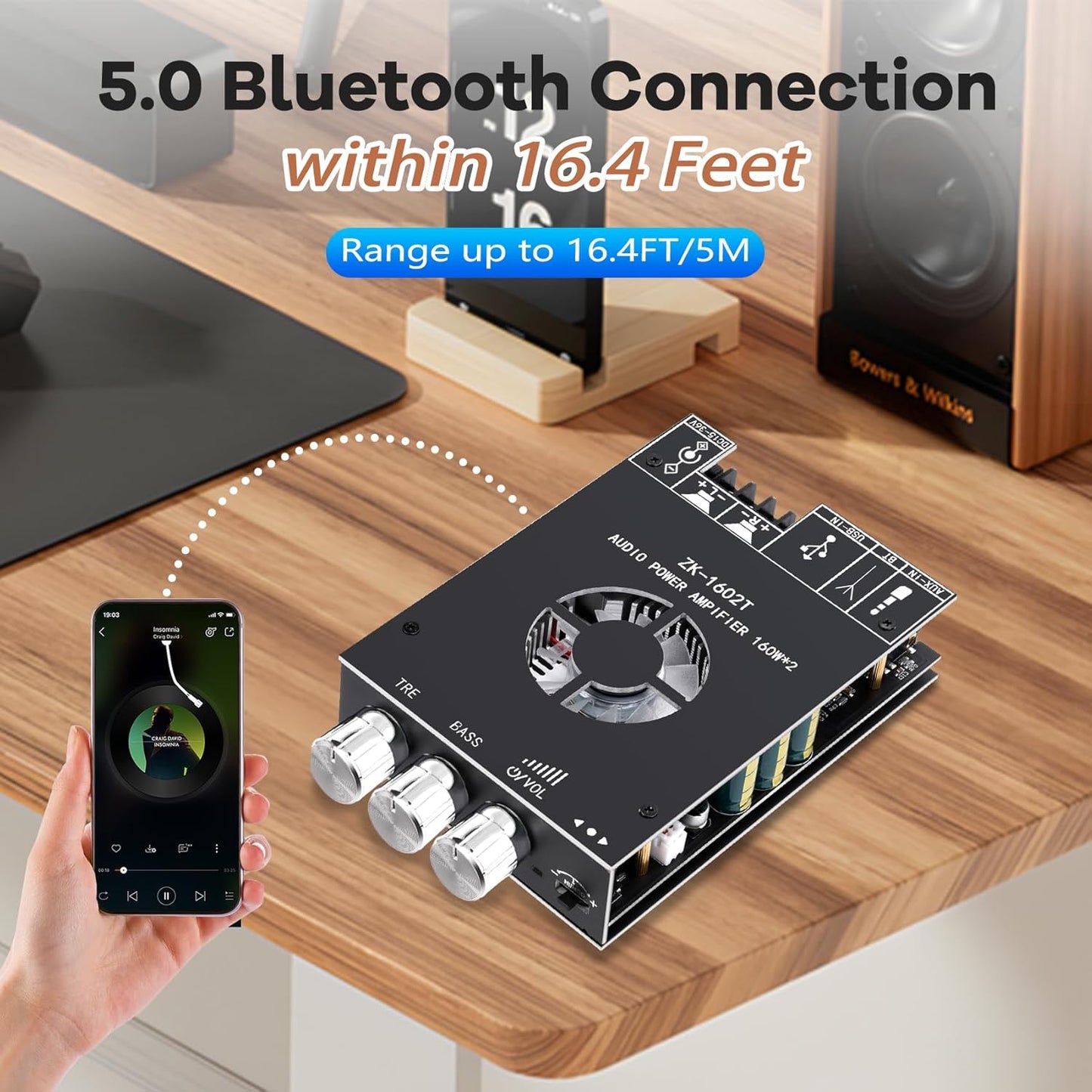 ZK-1602T Board,160W+160W 2.0 15-36V, Daakro Bluetooth Amplifier Channel Amp Board with Treble and Bass Control,DC