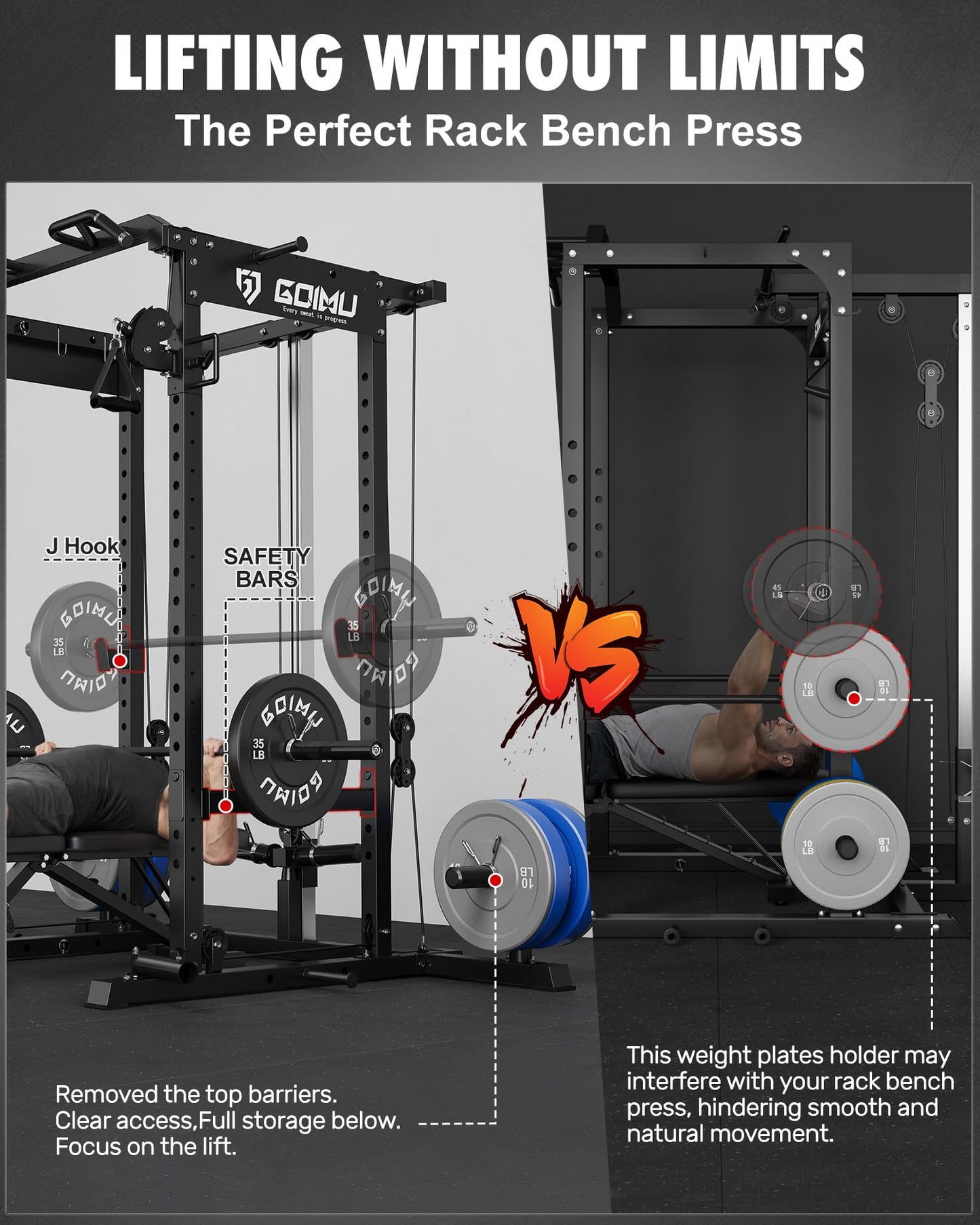 GOIMU RH01 Power Cage Rack, 2000LBS Squat Rack with with Cable Crossover System&LAT Pull Down System, Multi-Function Workout Cage for Home&Garage Gym (Black, RH01 Power Cage)
