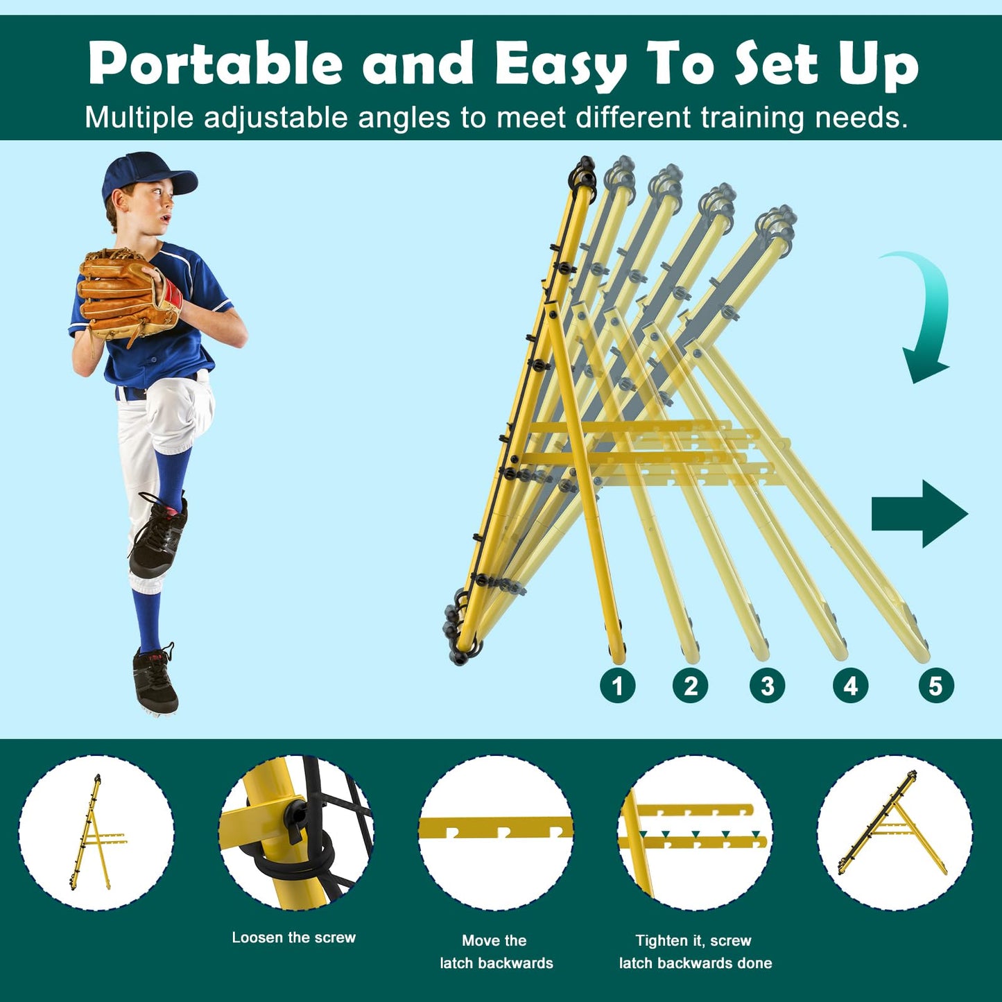LIANTRAL Baseball Rebounder Net, Adjustable Bounce Back Trainer for Soccer, Volleyball, Softball, Portable Folding Rebounder for Passing & Shooting Practice, Volleyball Rebound Net for Kids, Yellow