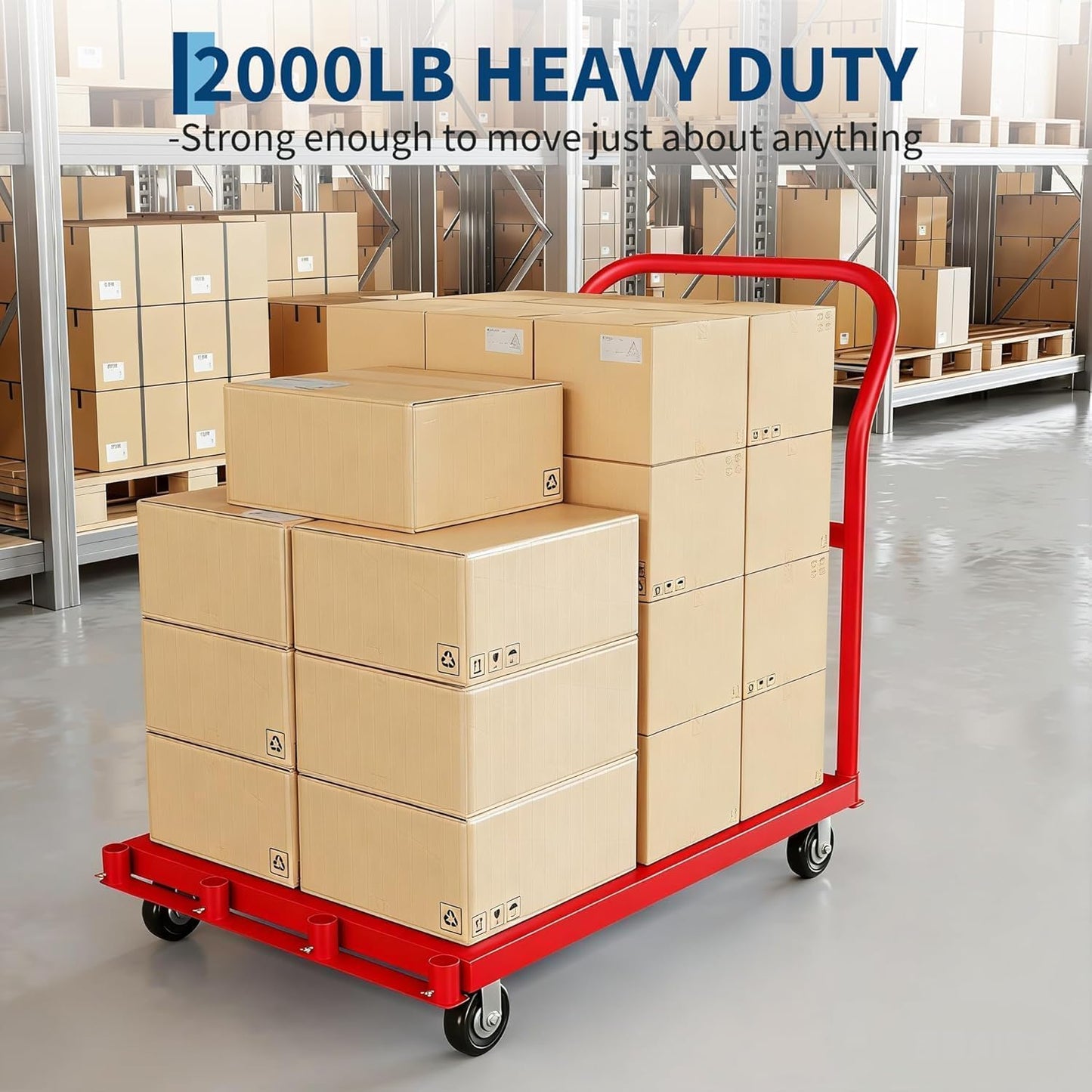 2-in-1 Drywall Dolly Cart, Heavy Duty 2000LBS Capacity Panel Cart Dolly, 41x24 Inch Platform Truck with 1 Front and 4 Side Handrials, 5" Swivel Brake for Warehouse Garage Moving, Red