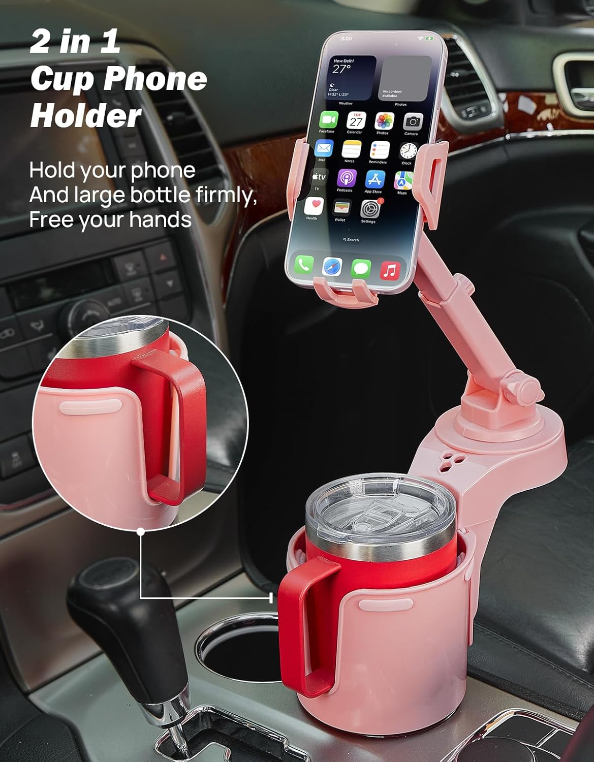 360 Smartphones,Pink,1 Pack JOYTUTUS Cup Holder Phone Mount for Car, Car Cellphone Large Adapter Long Arm with Degree