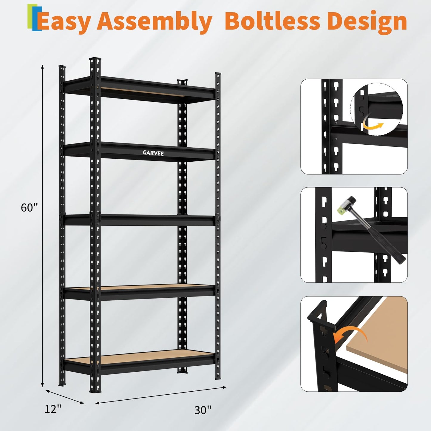 Garvee 5-Tier Heavy Duty Storage Shelves, 2204 lbs Capacity Adjustable Garage Shelving Unit with MDF Boards, Metal Standing Shelf Organizer for Kitchen, Pantry, Basement - 30" W x 12" D x 60" H