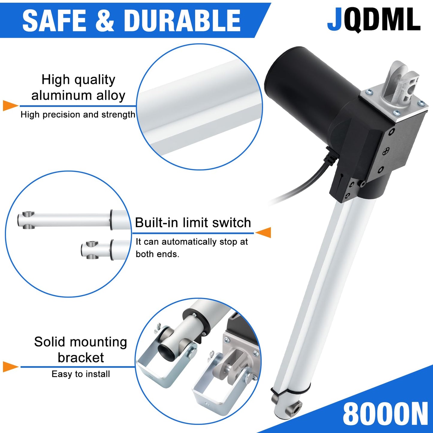 JQDML 24 Inch Stroke 8000N/1700lbs Heavy Duty Linear Actuator 12V Speed 0.157"/sec High Force IP43 Electric Actuator with Mounting Brackets,for Electric Lifting System, Electric Bed,Electric Door