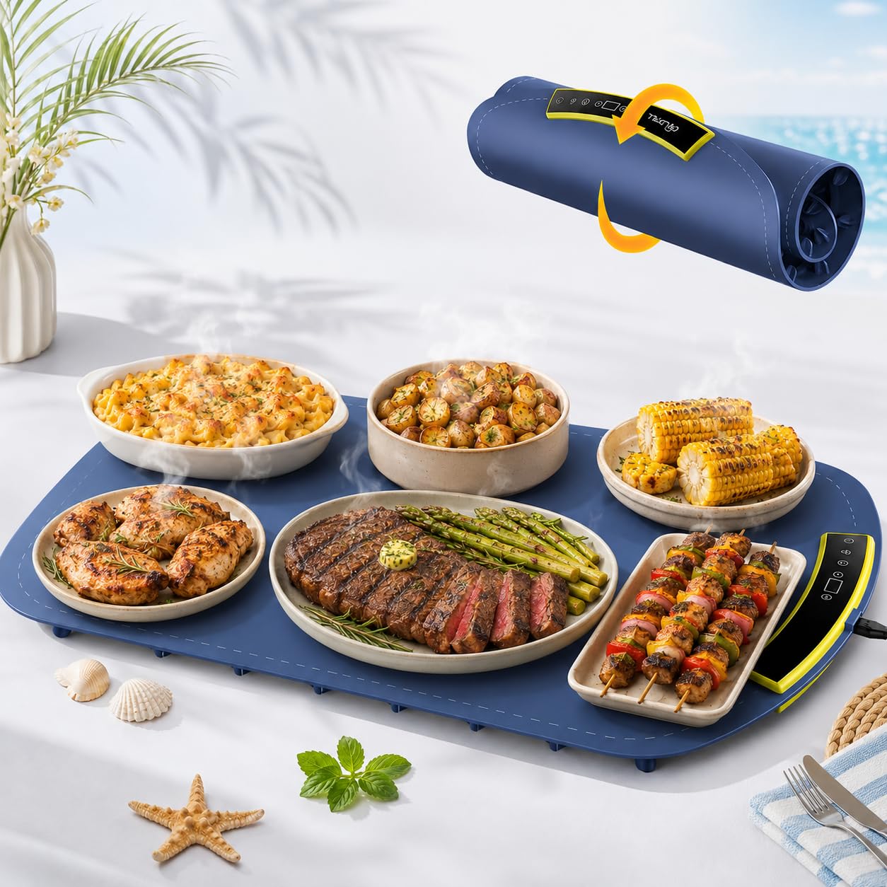 COLDFILL Food Warming Mat for Parties Buffet, 24 x 16 Inch Electric Warming Tray, Roll Up Food Warmer Mat with Heat Resistant Pad, 8 Temperature, 4H Timer, Child Lock for BBQ, Potluck, Patio